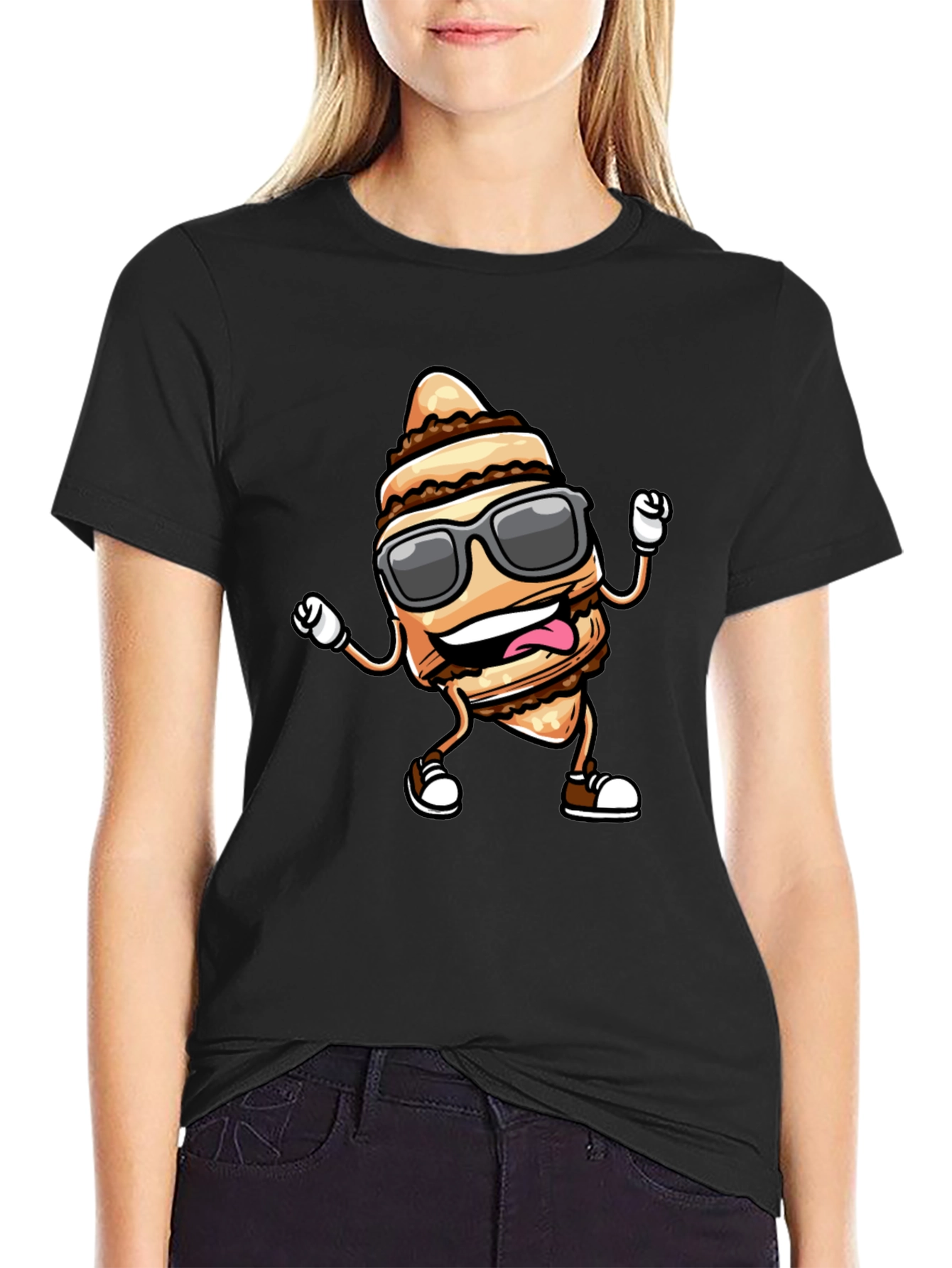 Funny Cream Horn Cartoon Black T-Shirt