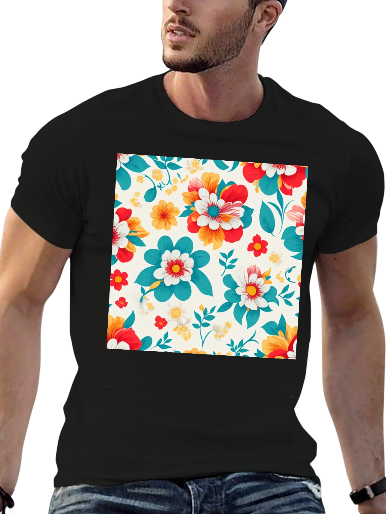 Floral Pattern Black T-Shirt
