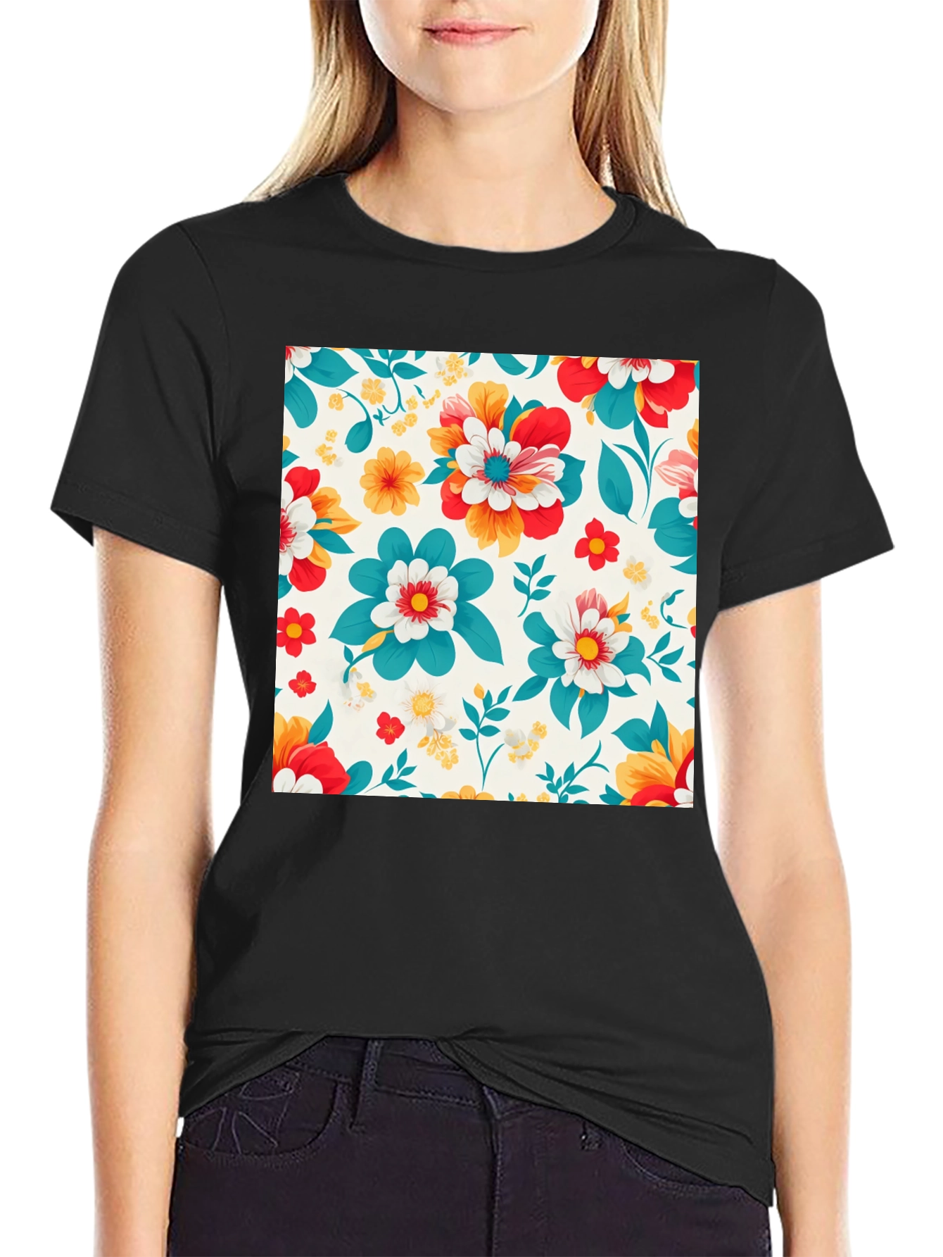 Floral Pattern Black T-Shirt