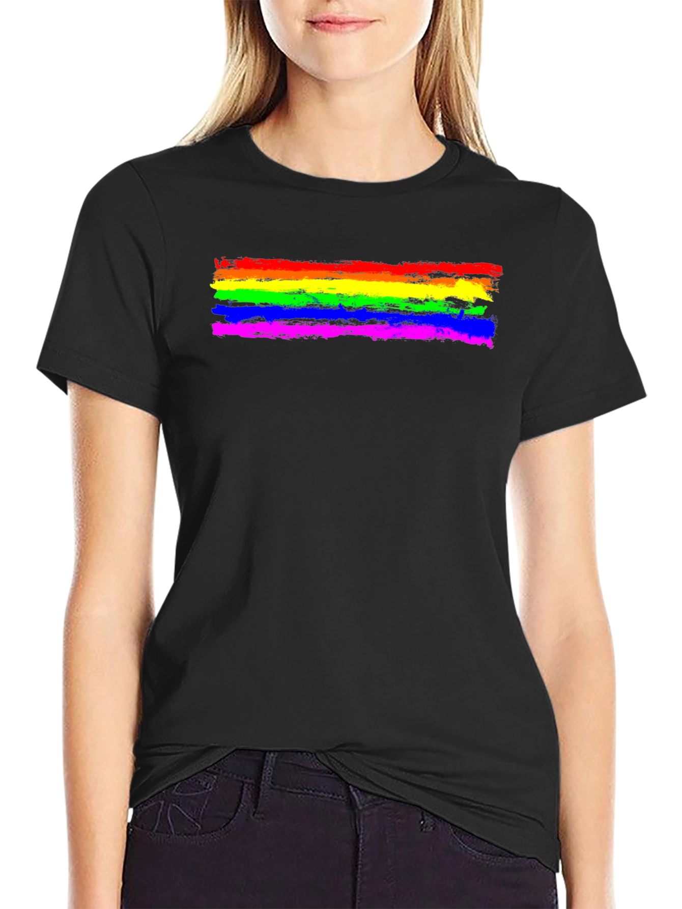 Pride Rainbow Brush Stroke T-Shirt - Black Cotton Tee