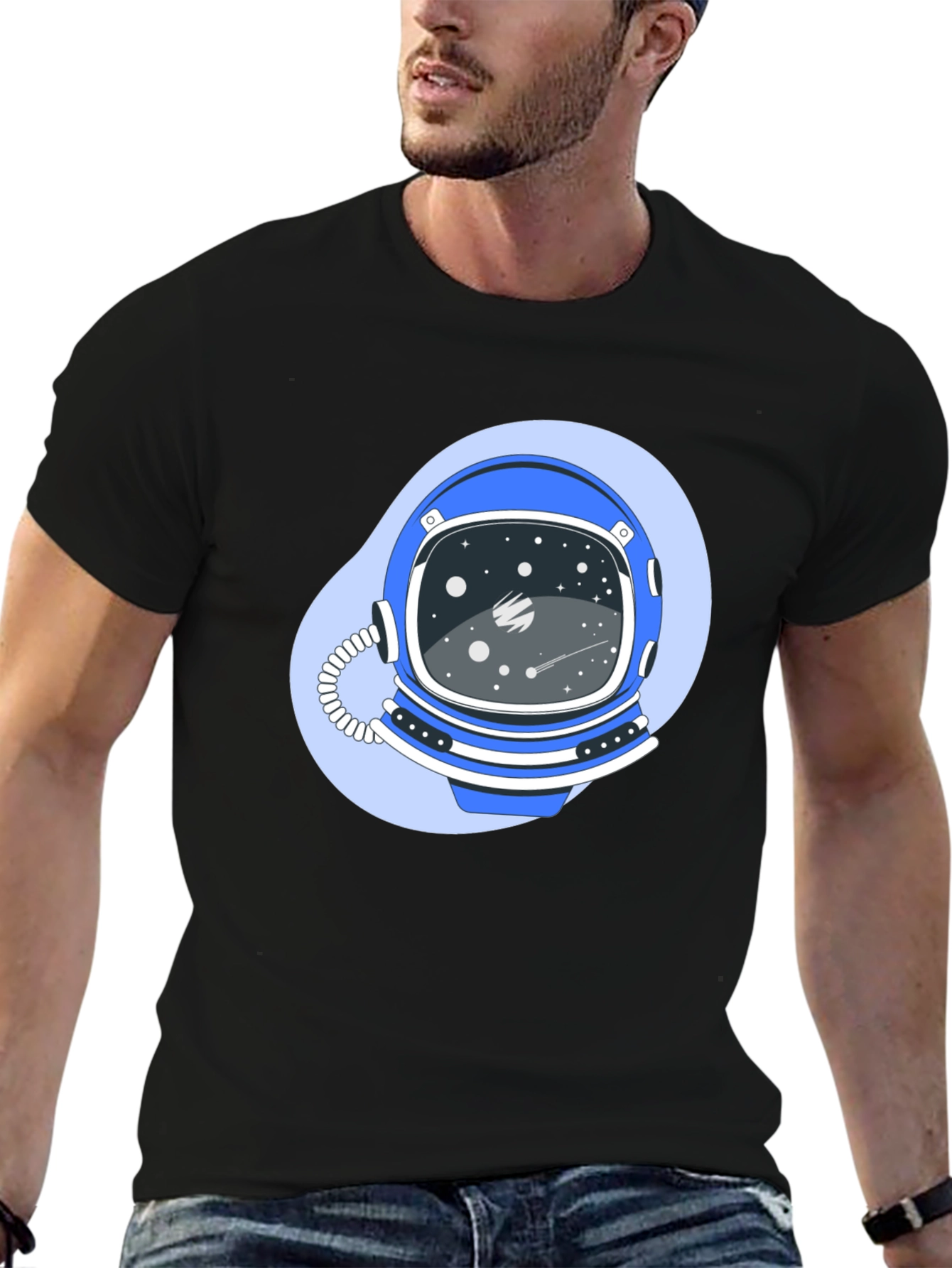 Astronaut Helmet Graphic Tee - Premium Black Cotton
