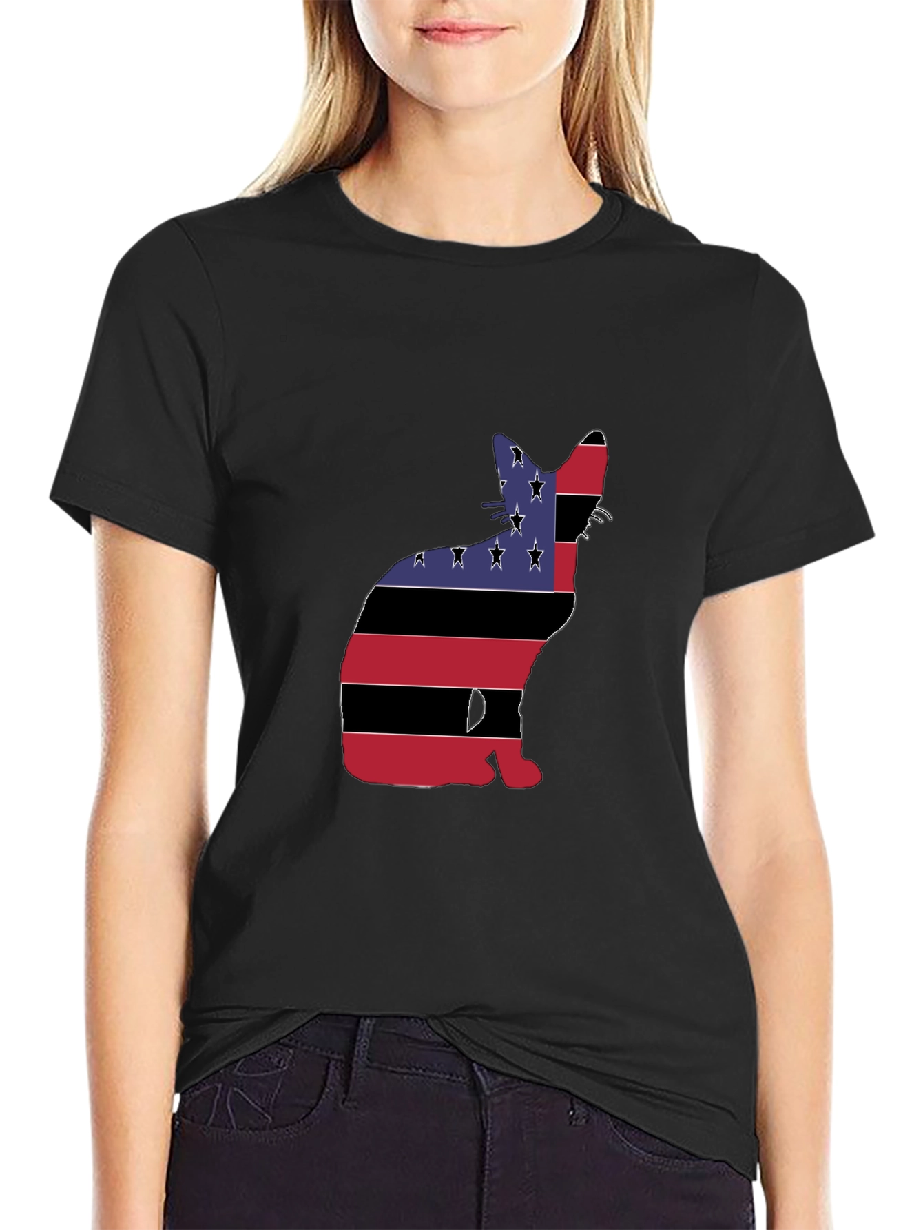 American Flag Cat Graphic Tee - Black