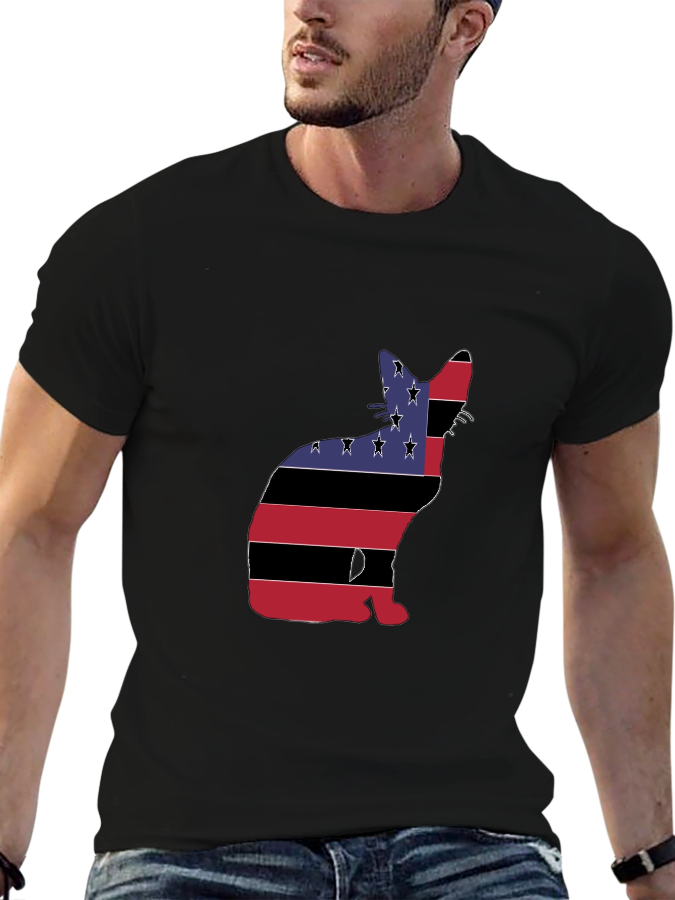 American Flag Cat Graphic Tee - Black
