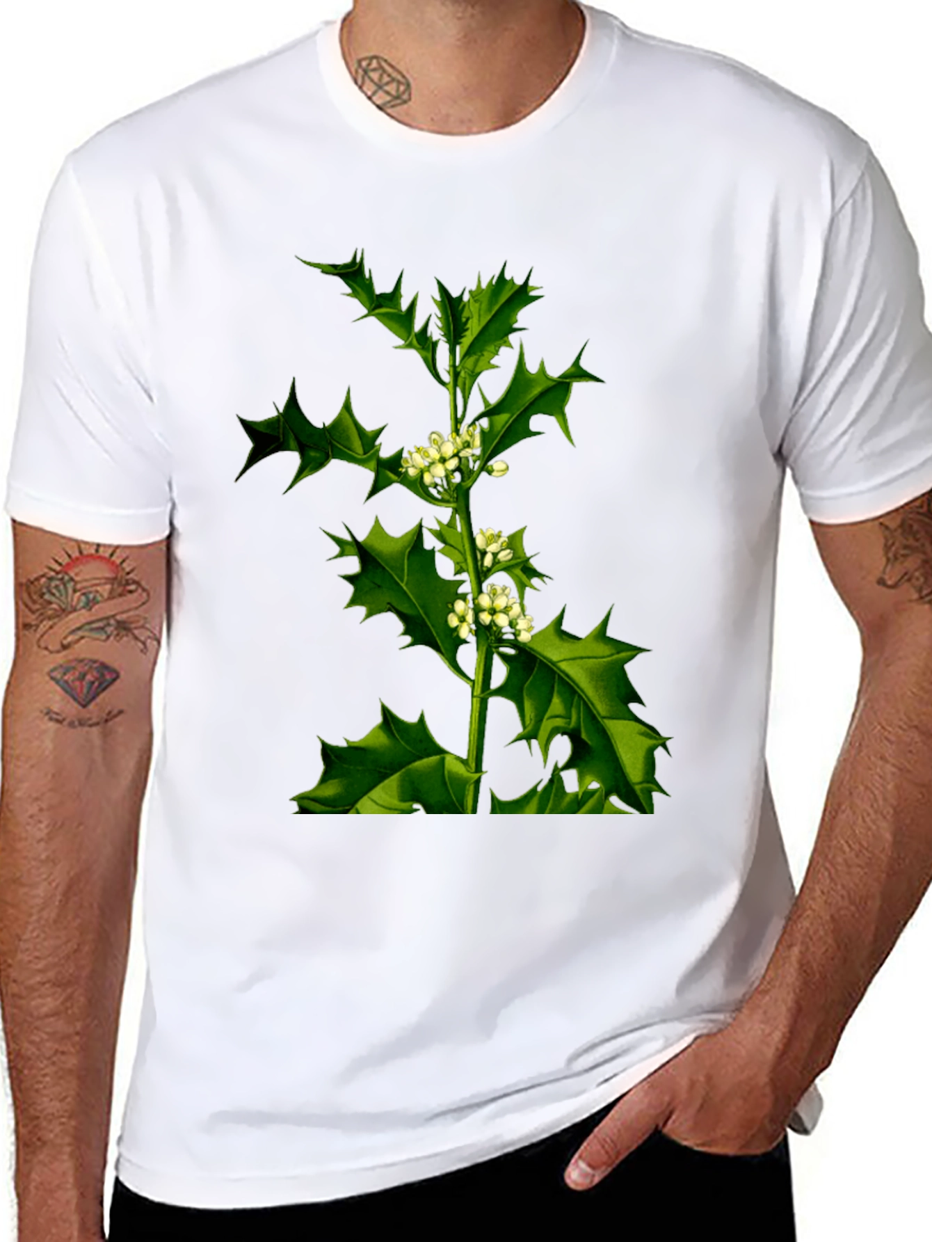 Botanical Holly Print Black T-Shirt