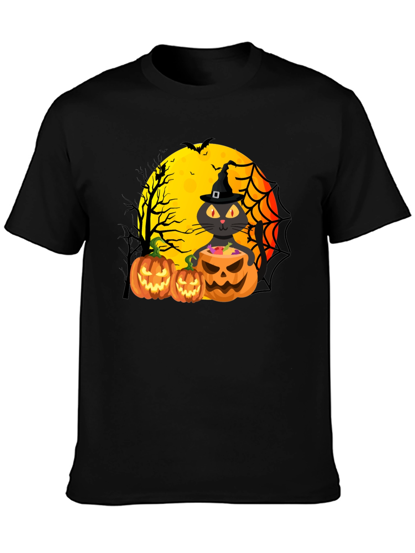 Halloween Cat & Pumpkins Black T-Shirt
