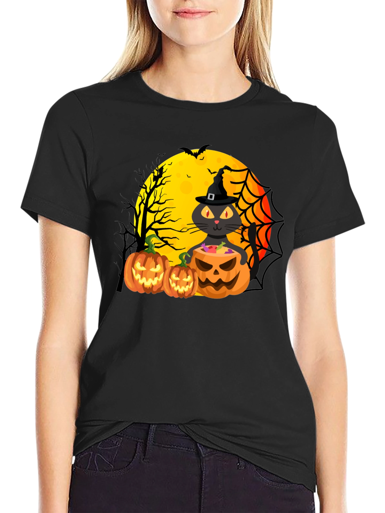 Halloween Cat & Pumpkins Black T-Shirt