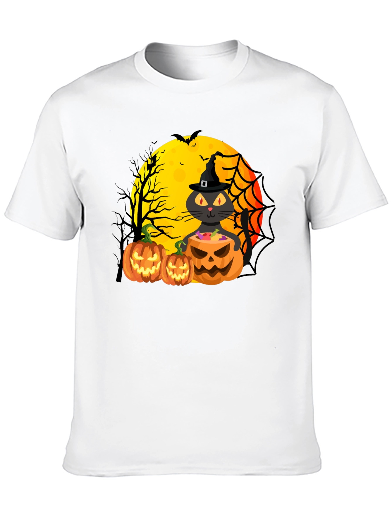 Halloween Cat & Pumpkins Black T-Shirt