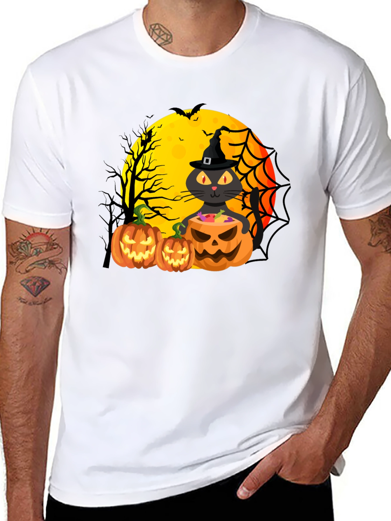Halloween Cat & Pumpkins Black T-Shirt