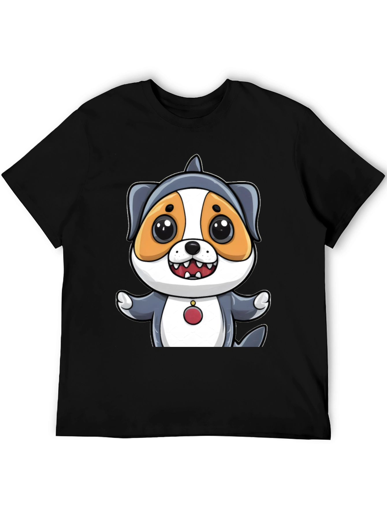 Cartoon Dog in Shark Costume Black T-Shirt