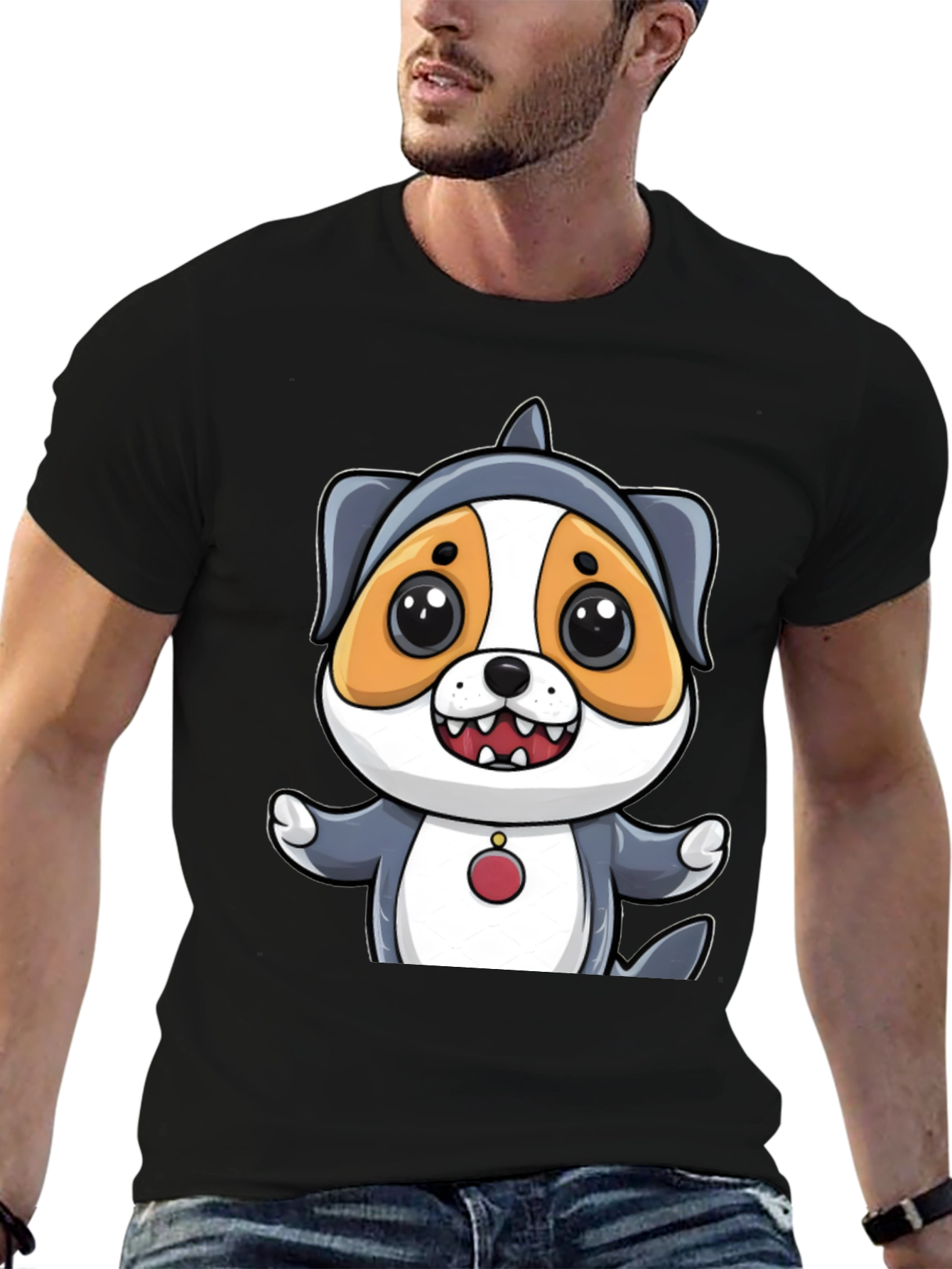 Cartoon Dog in Shark Costume Black T-Shirt