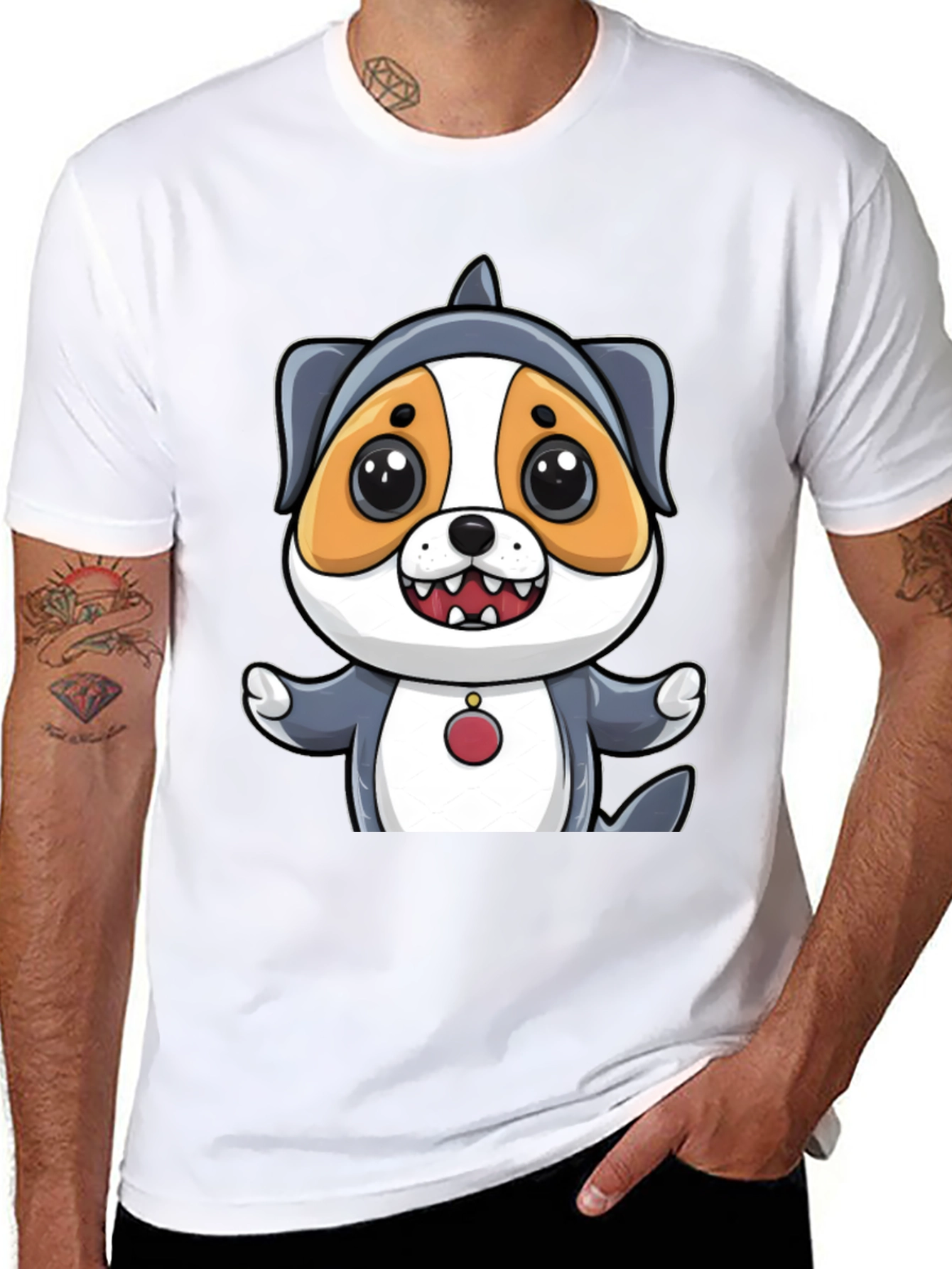 Cartoon Dog in Shark Costume Black T-Shirt