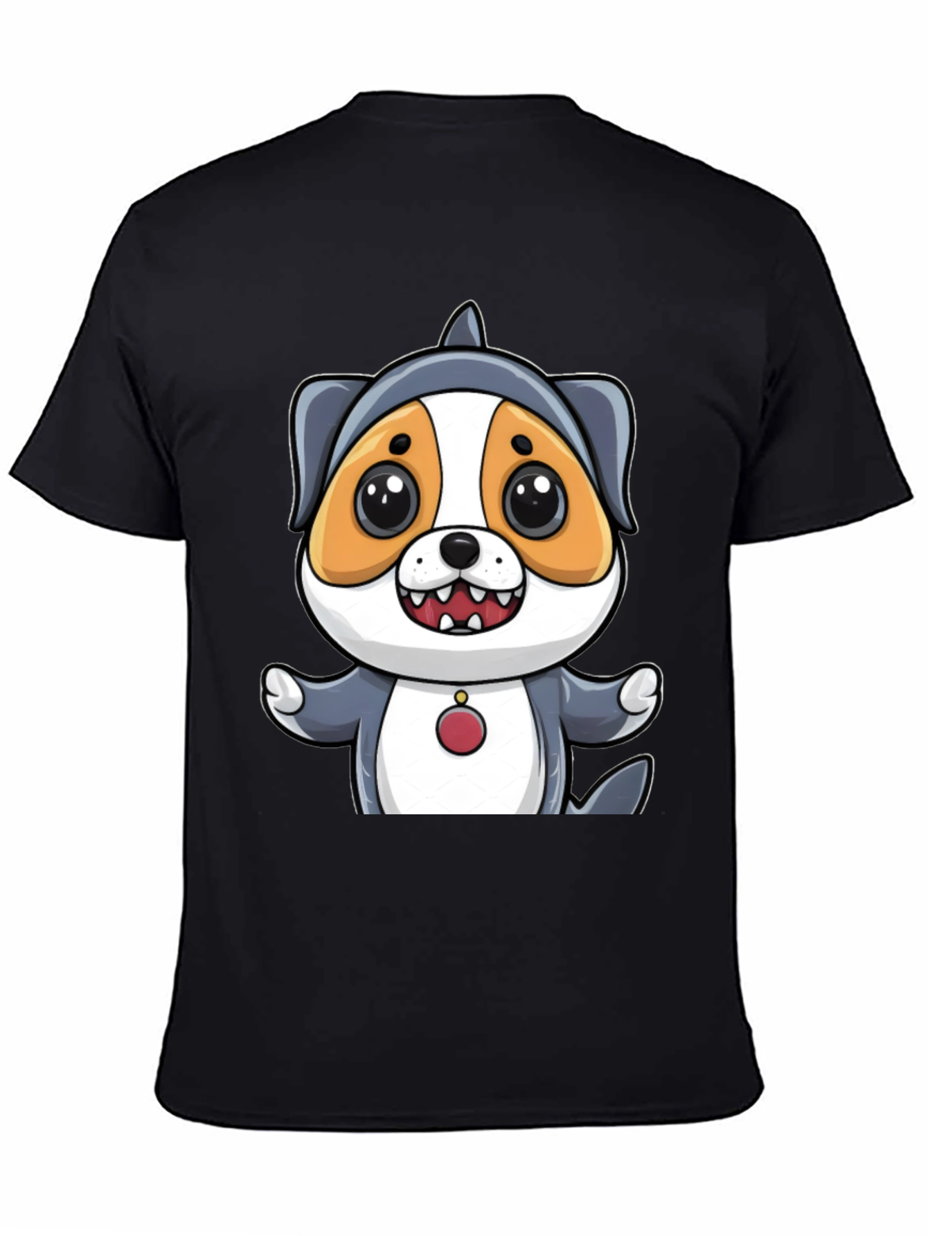Cartoon Dog in Shark Costume Black T-Shirt