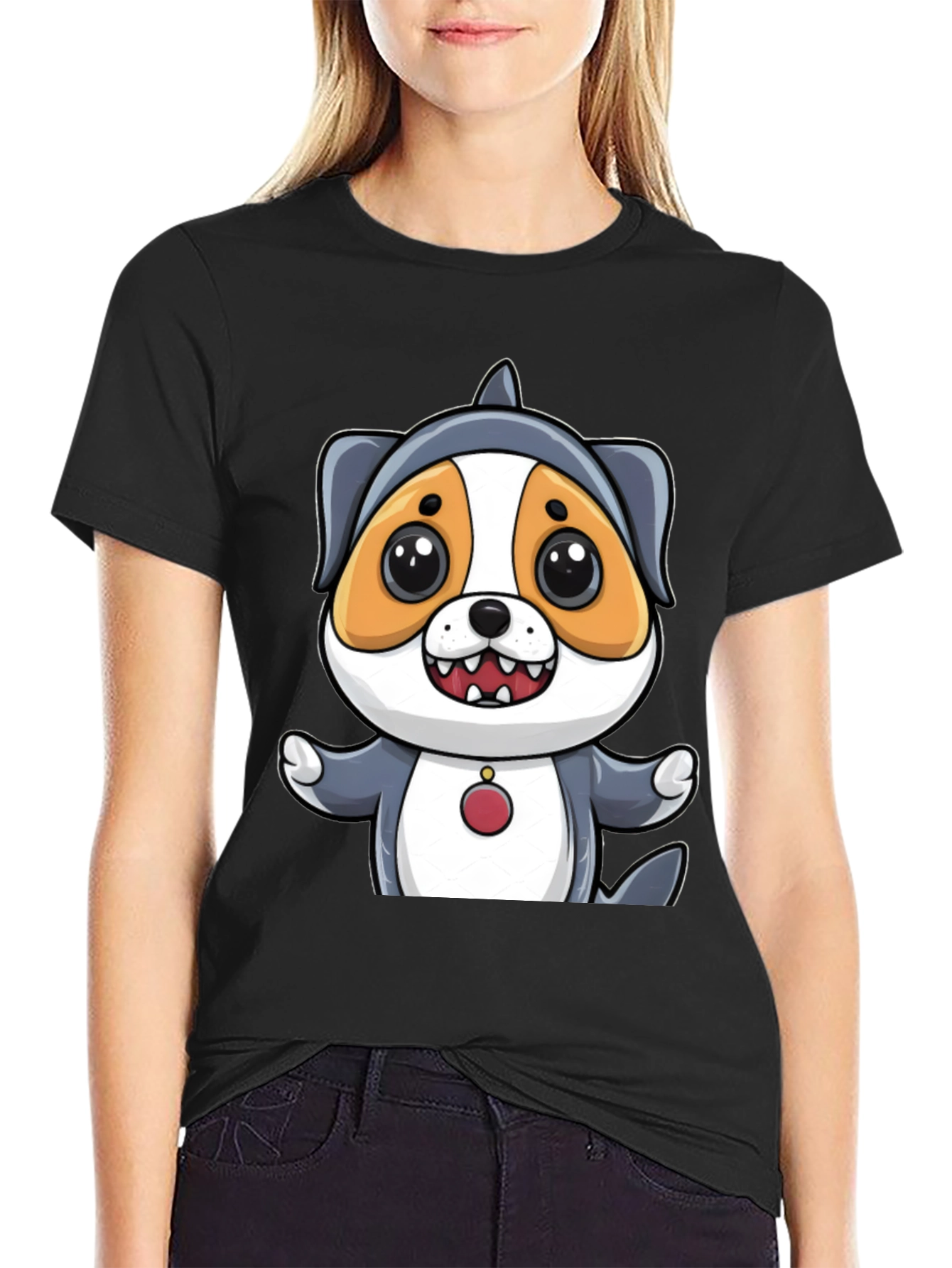 Cartoon Dog in Shark Costume Black T-Shirt