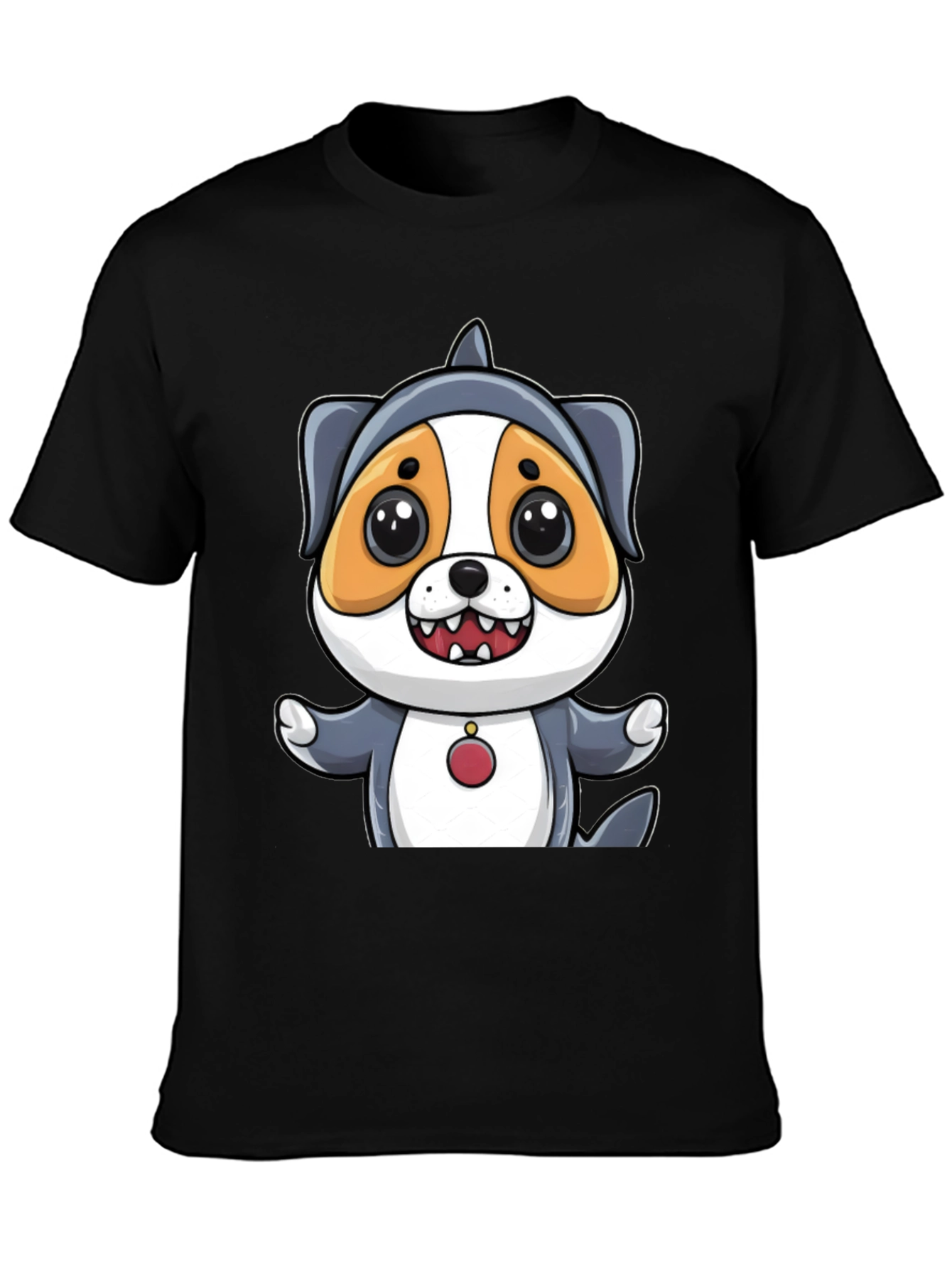 Cartoon Dog in Shark Costume Black T-Shirt