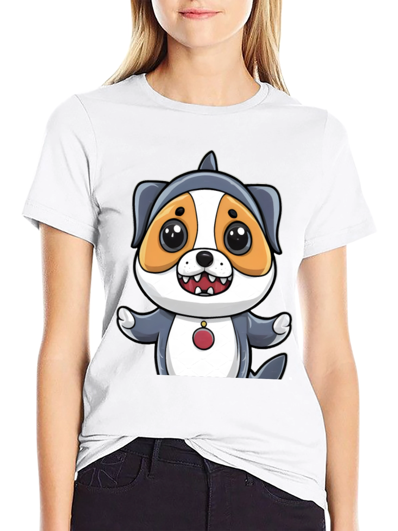 Cartoon Dog in Shark Costume Black T-Shirt