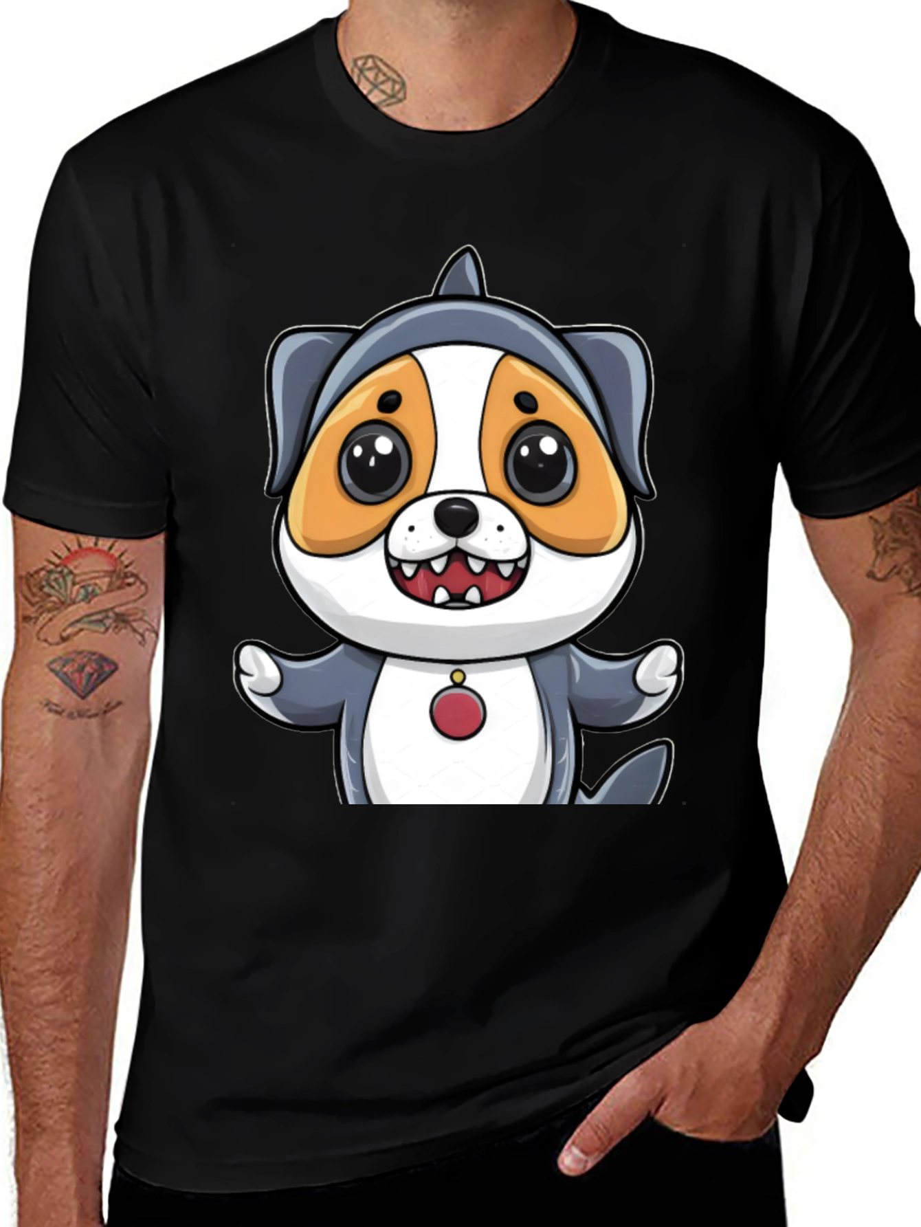 Cartoon Dog in Shark Costume Black T-Shirt
