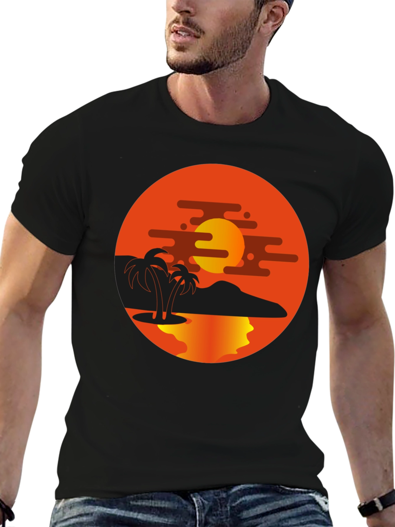 Sunset Palm Tree Graphic Black T-Shirt