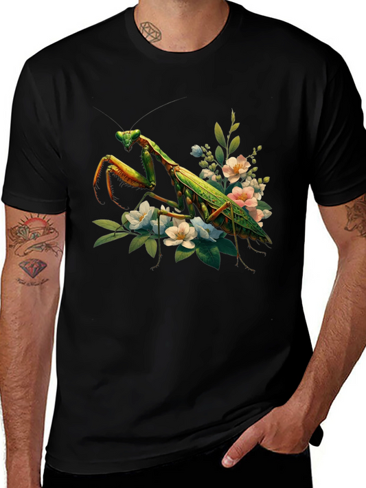 Floral Mantis Graphic Tee - Nature Inspired Black T-Shirt