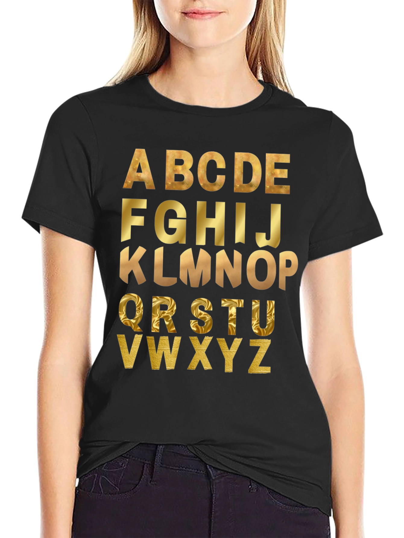 Alphabet Gold Print Black T-Shirt
