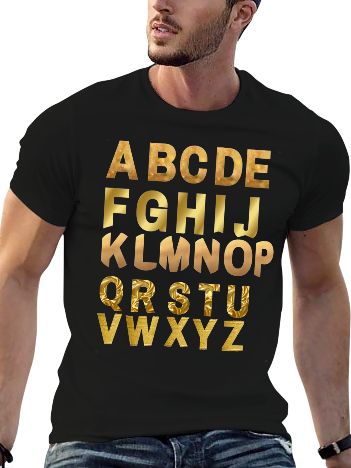 Alphabet Gold Print Black T-Shirt