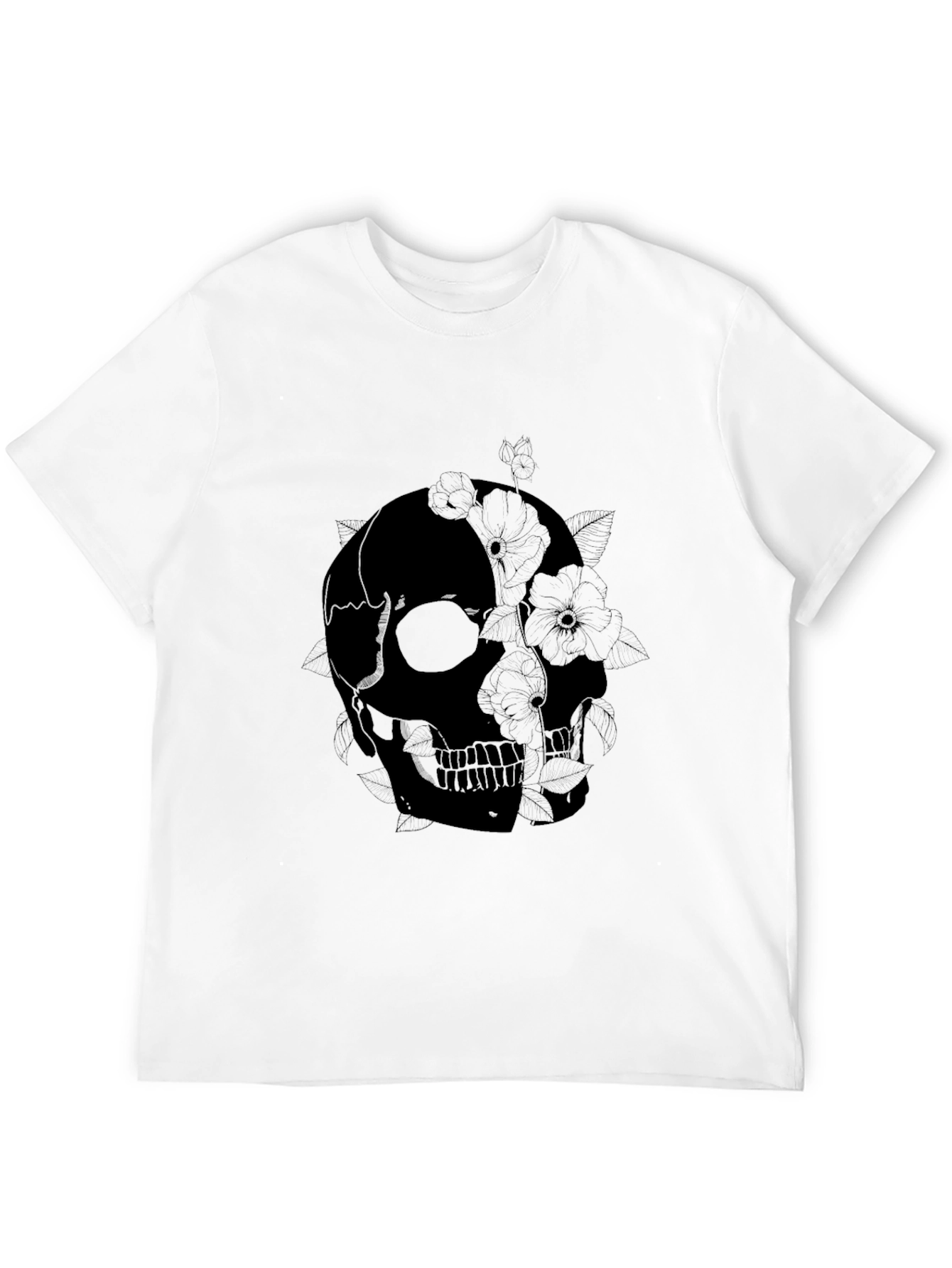 Skull & Floral Graphic Print Black T-Shirt