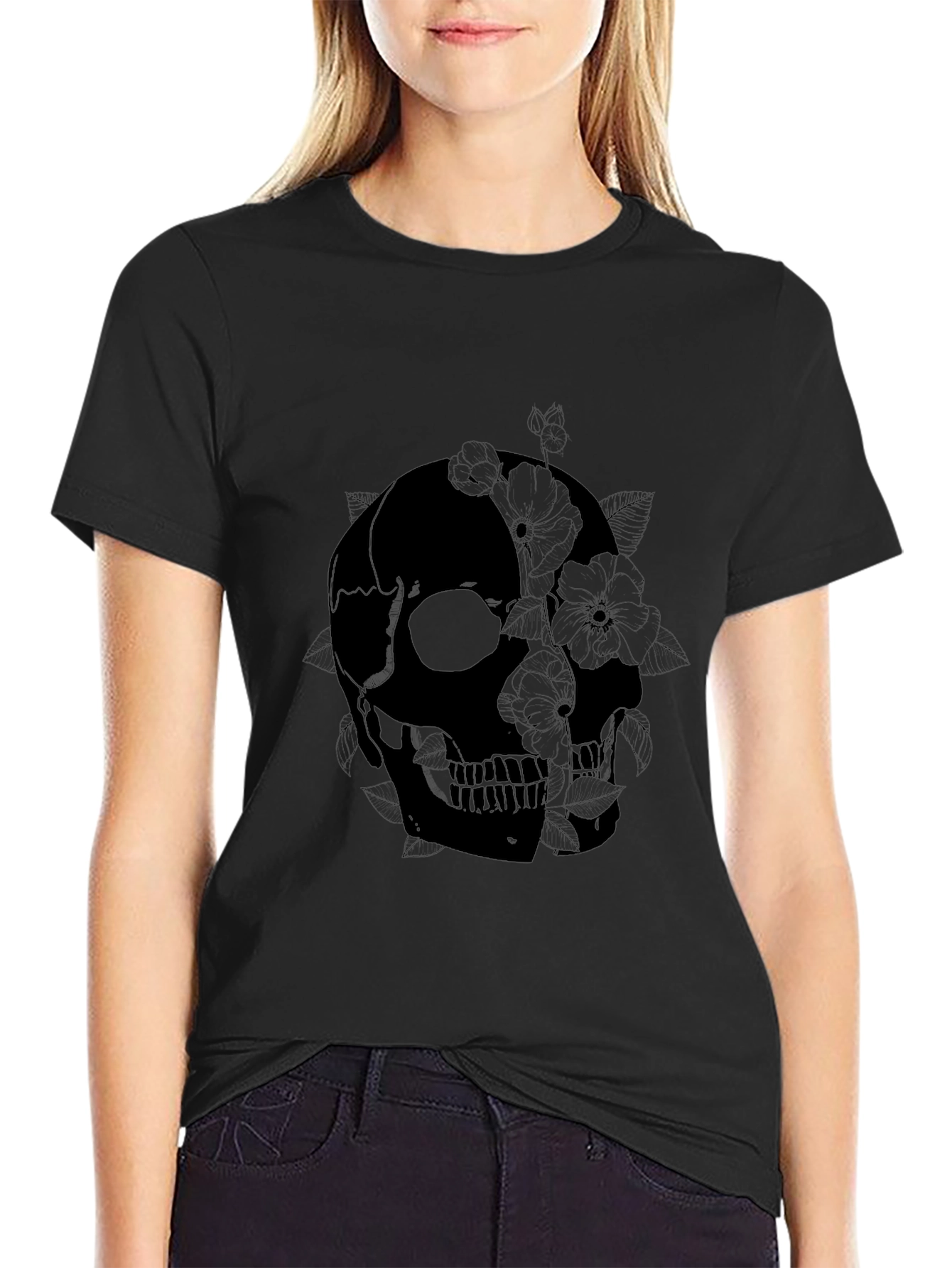 Skull & Floral Graphic Print Black T-Shirt