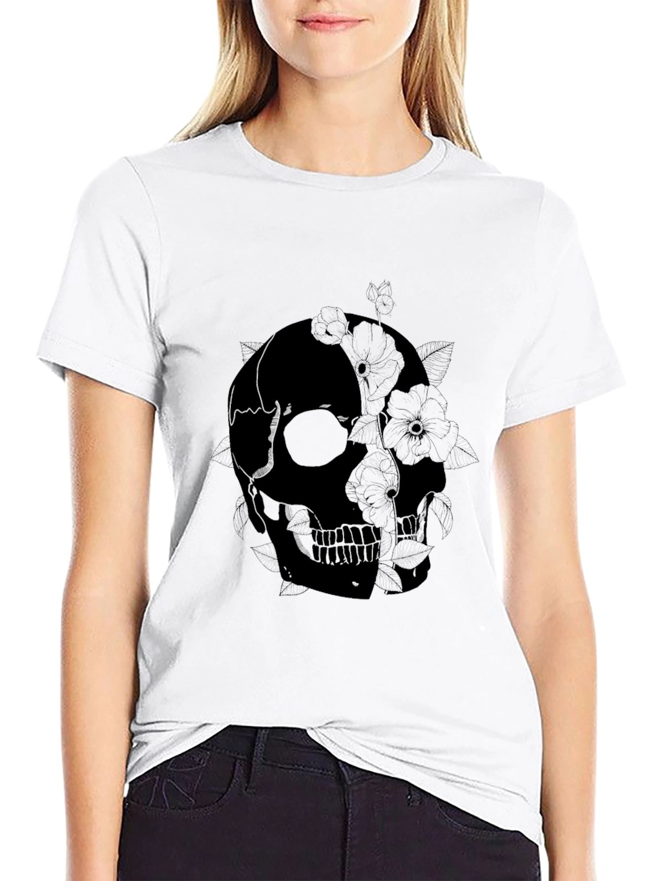 Skull & Floral Graphic Print Black T-Shirt