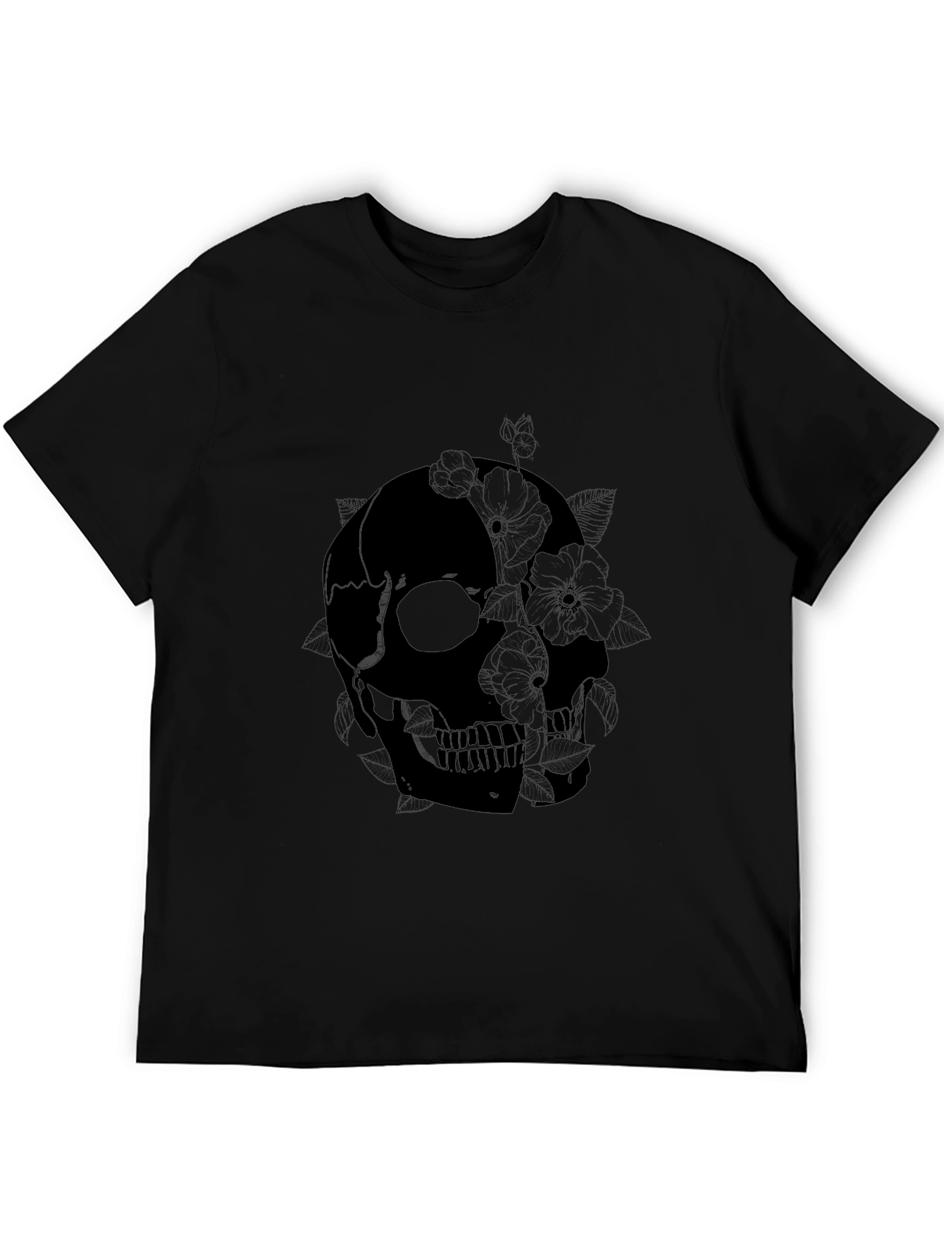 Skull & Floral Graphic Print Black T-Shirt