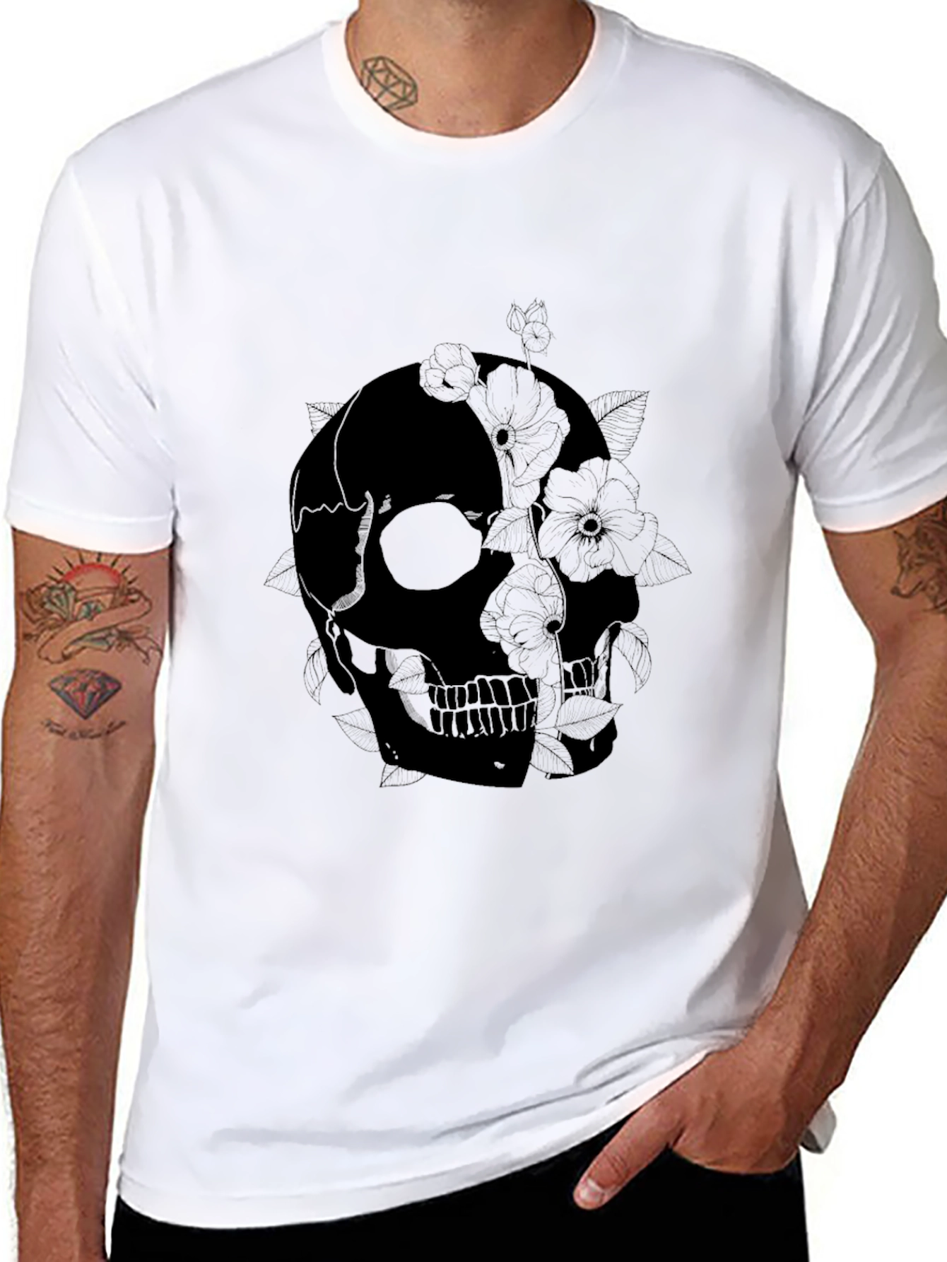 Skull & Floral Graphic Print Black T-Shirt