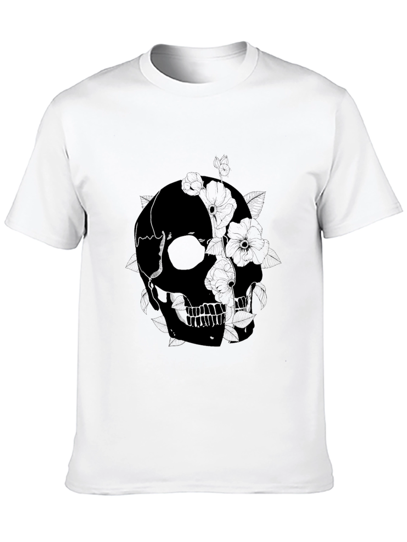 Skull & Floral Graphic Print Black T-Shirt