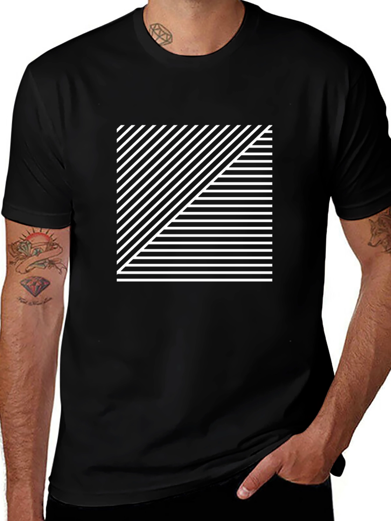 Geometric Stripe Graphic Tee - Modern Black Shirt