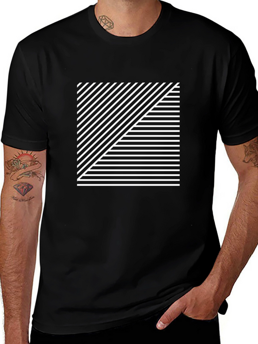 Geometric Stripe Graphic Tee - Modern Black Shirt