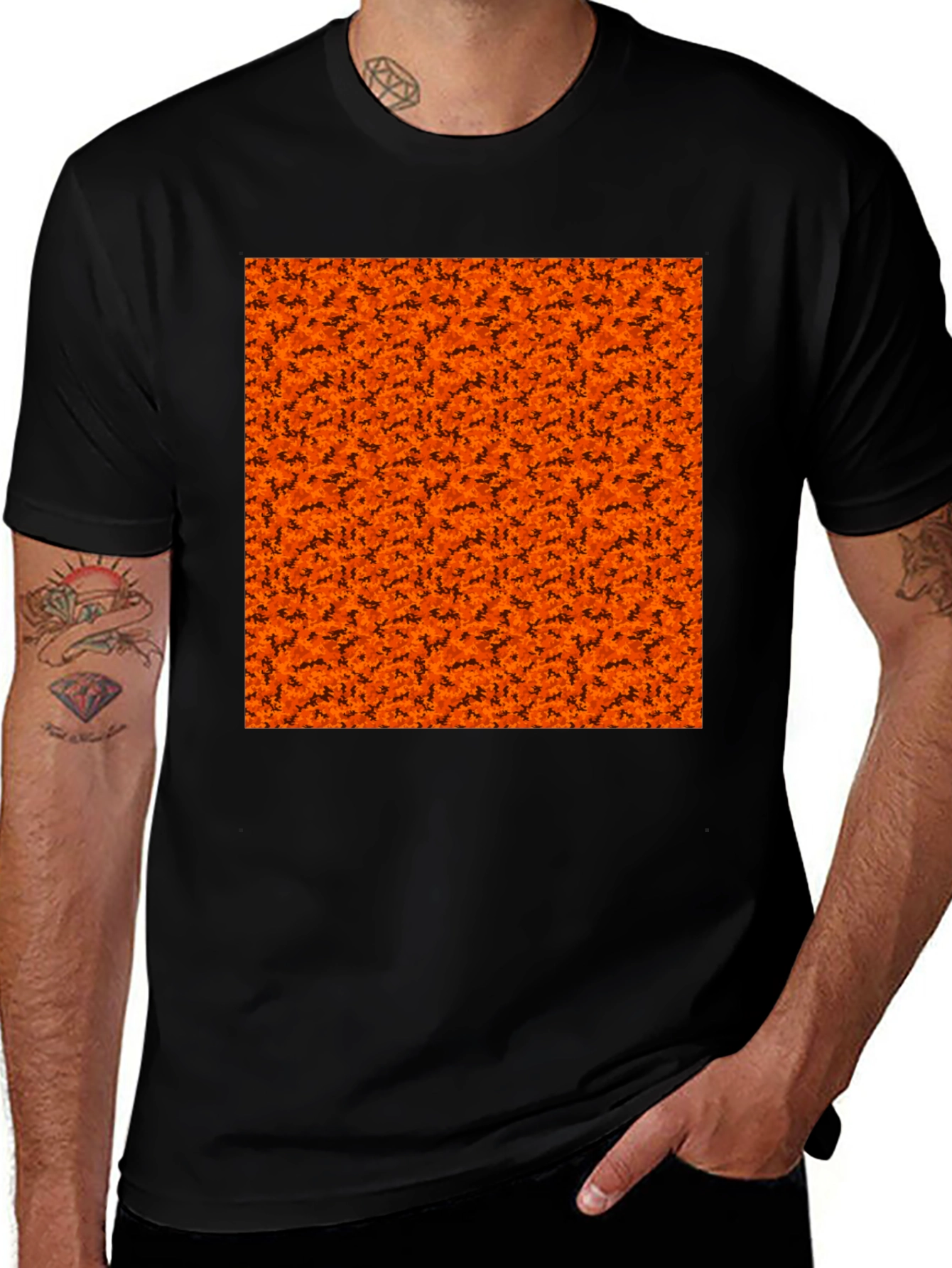 Halloween Orange Bats Pattern Black T-Shirt