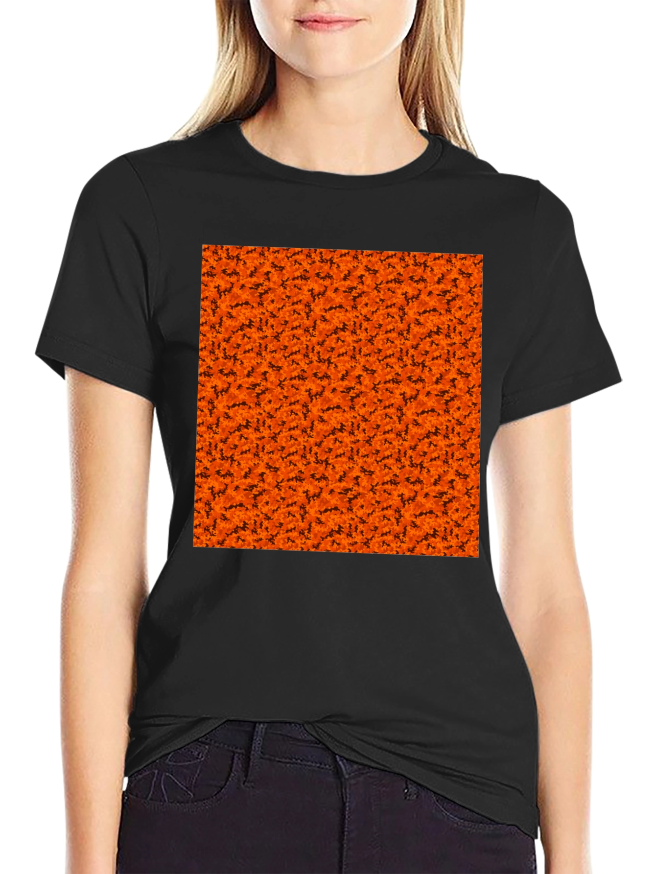 Halloween Orange Bats Pattern Black T-Shirt