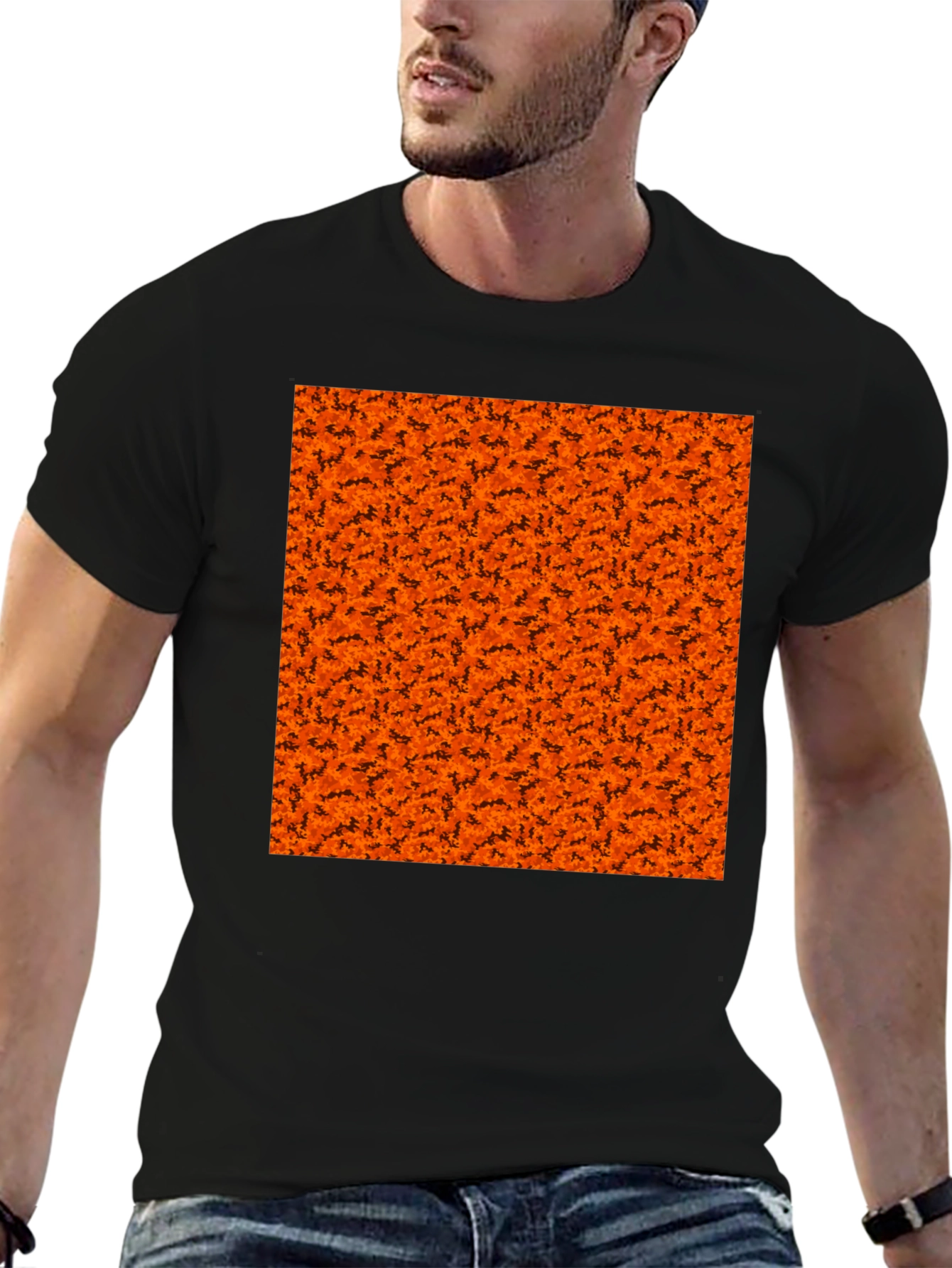 Halloween Orange Bats Pattern Black T-Shirt