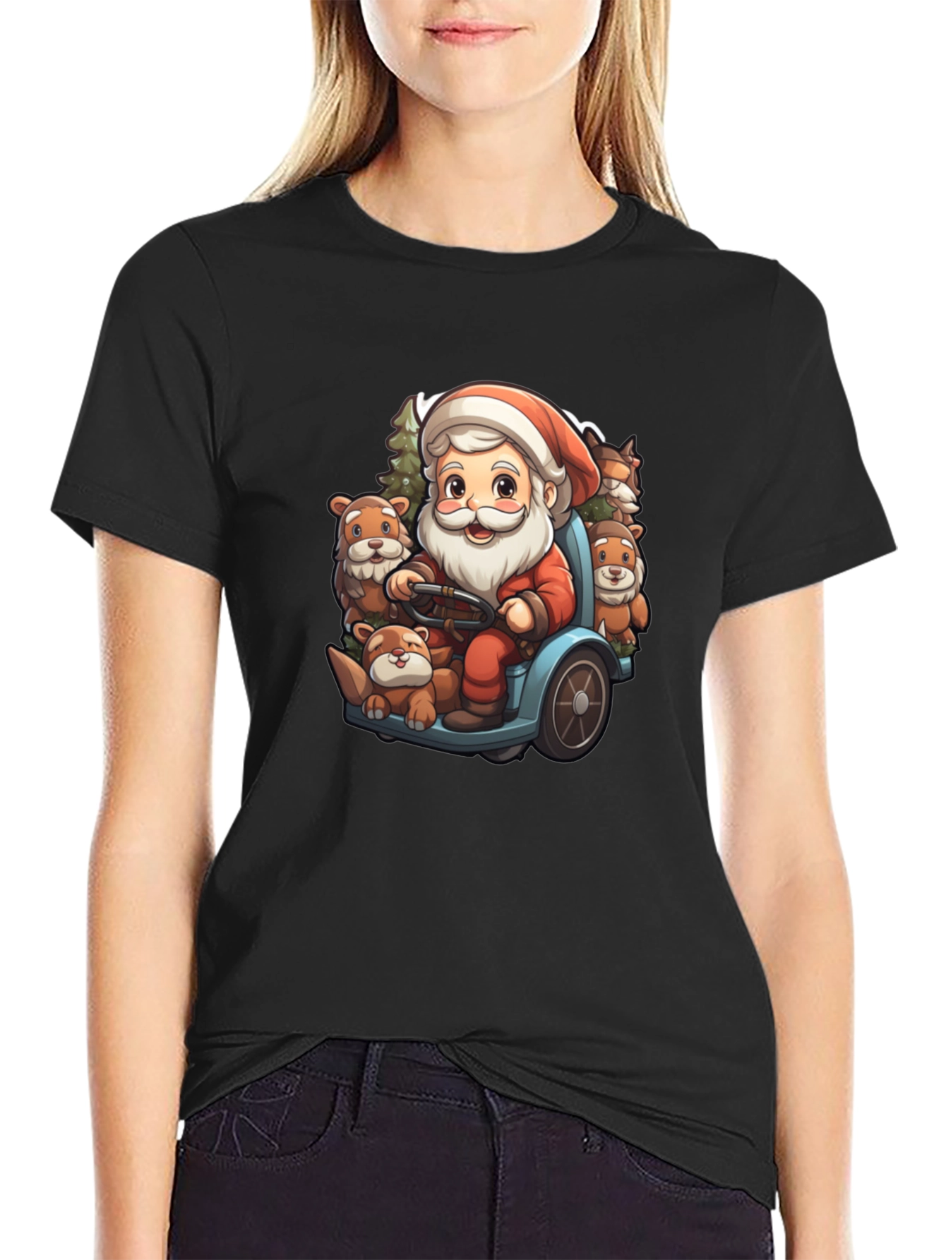 Festive Santa & Otter Cartoon T-Shirt