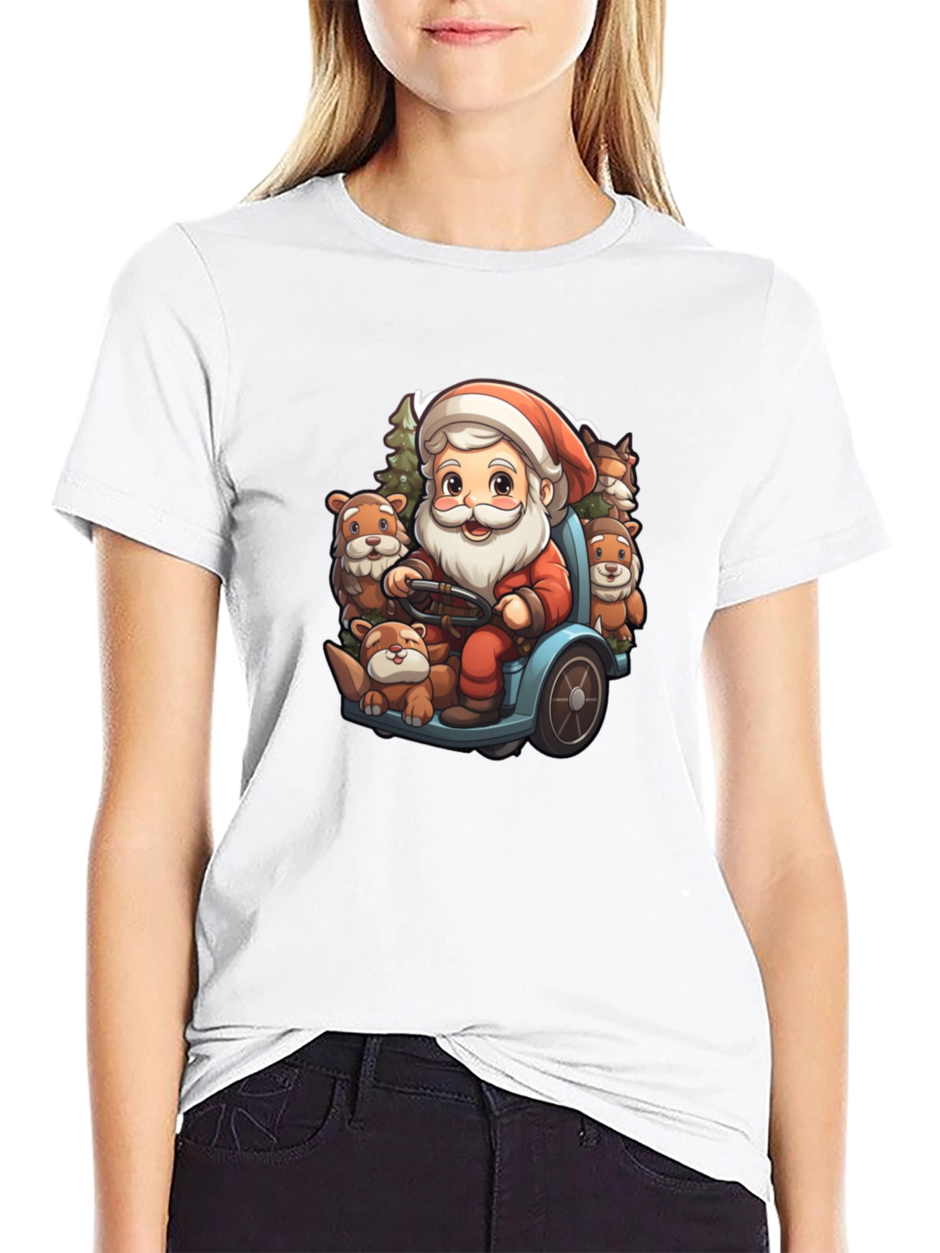 Festive Santa & Otter Cartoon T-Shirt