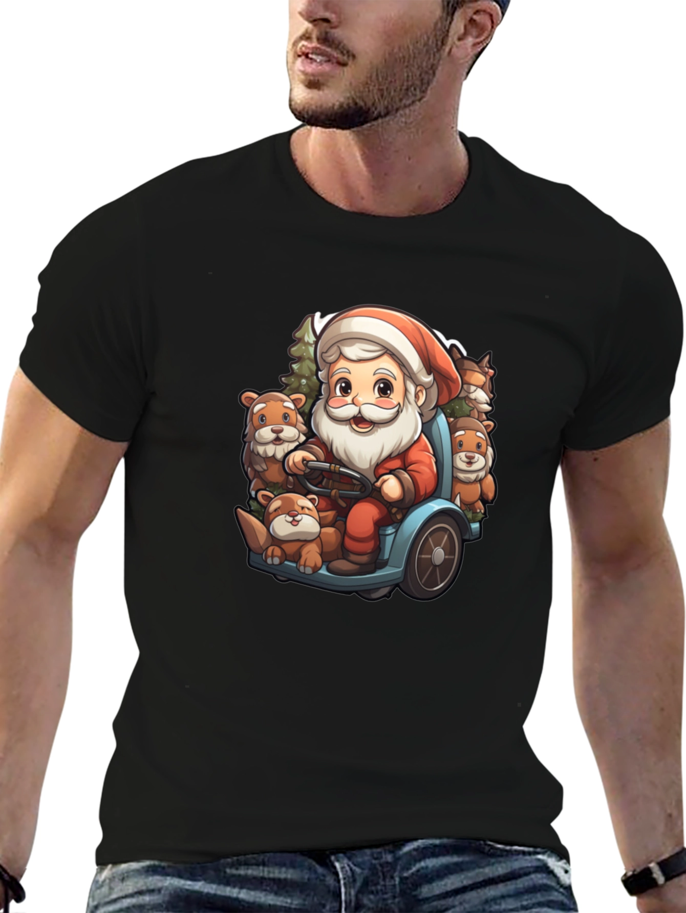 Festive Santa & Otter Cartoon T-Shirt