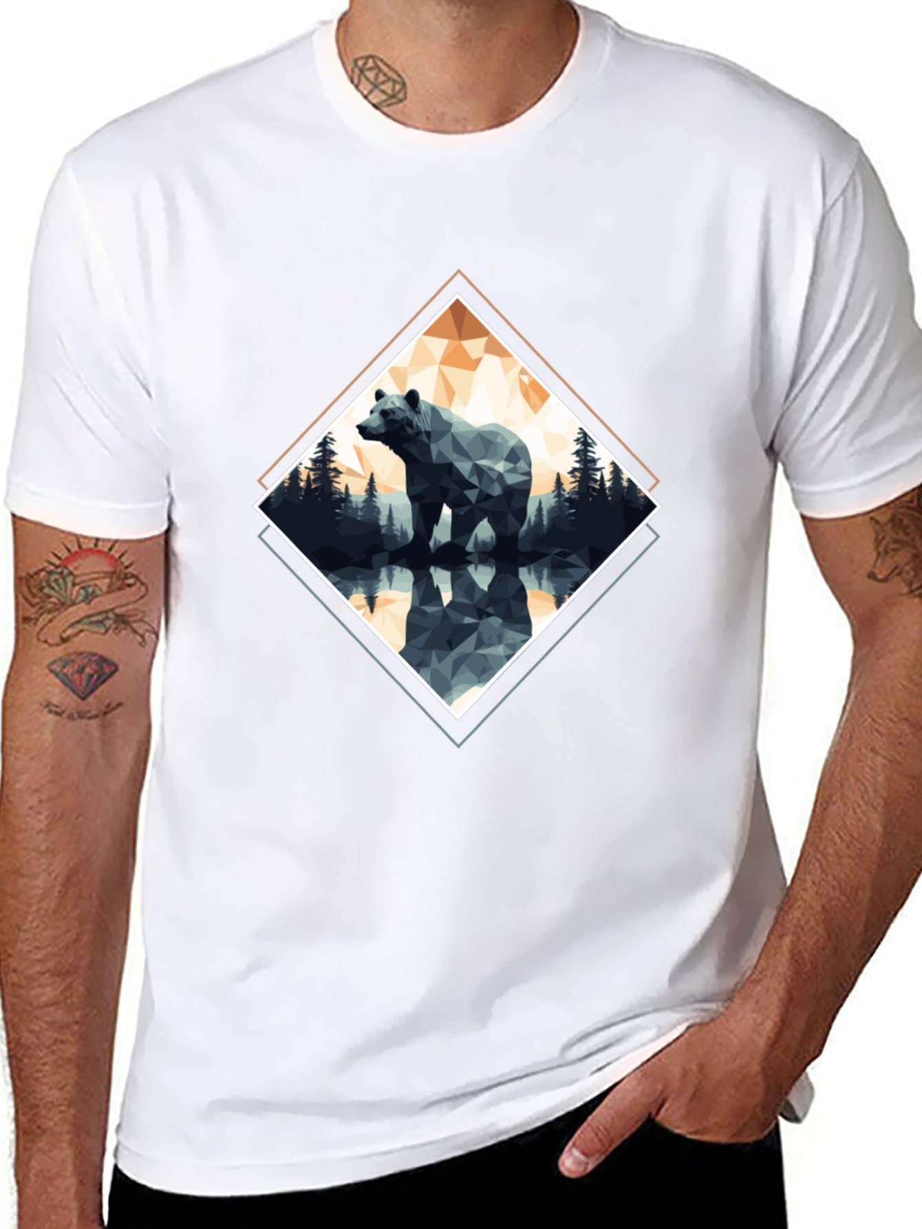 Geometric Bear Graphic T-Shirt - Black