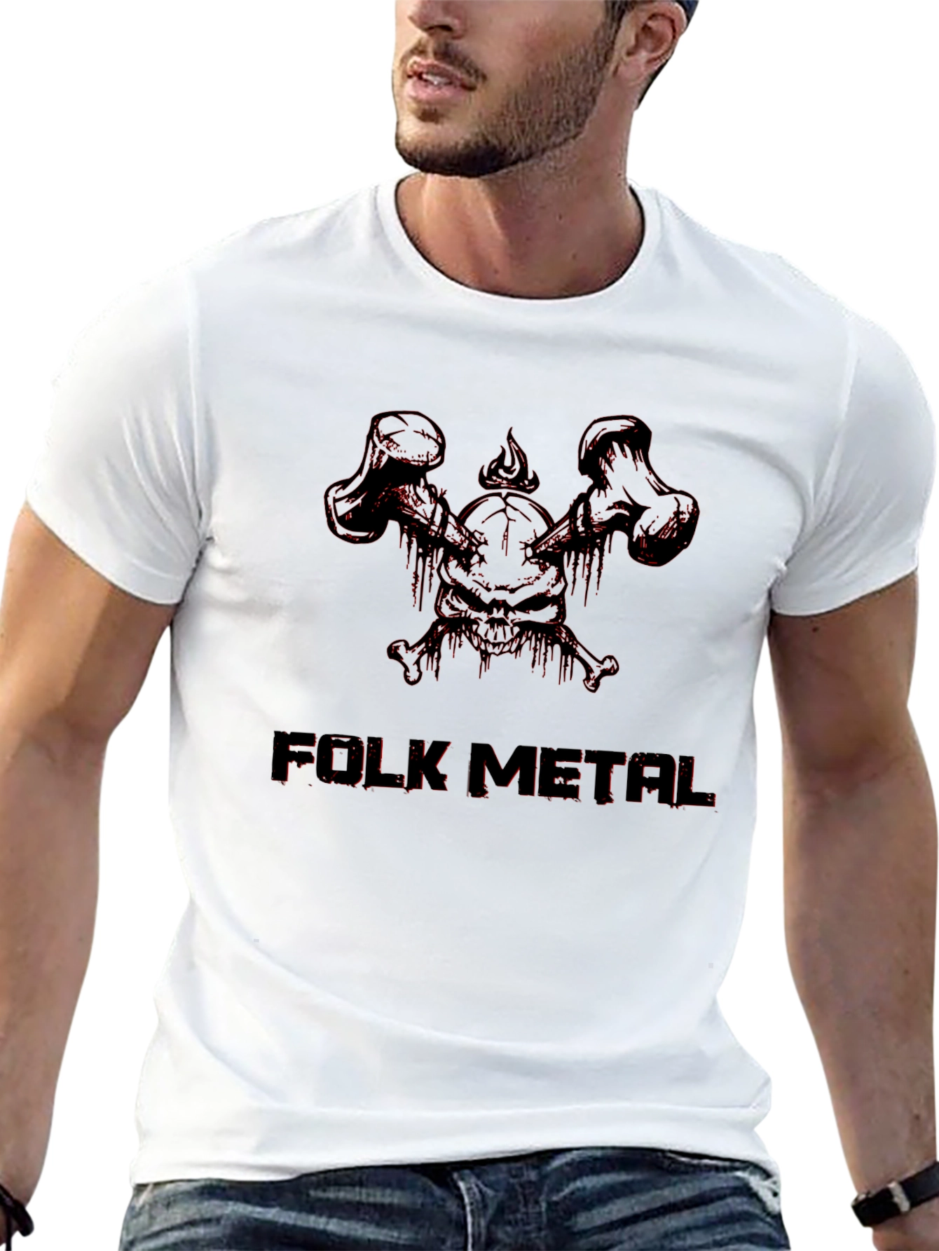 Folk Metal Skull Graphic Tee - Black