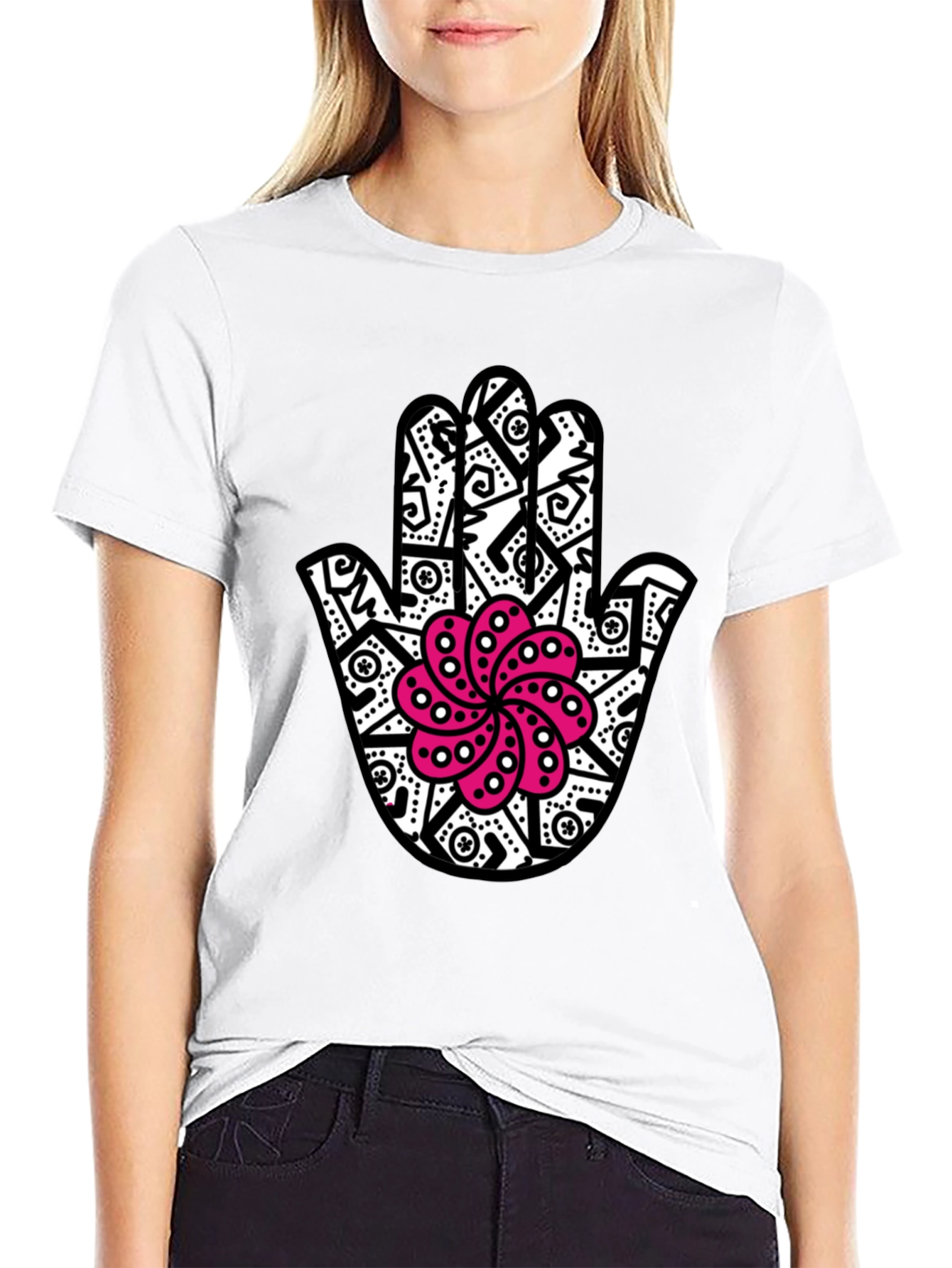 Black Hamsa Hand T-Shirt with Pink Lotus Design