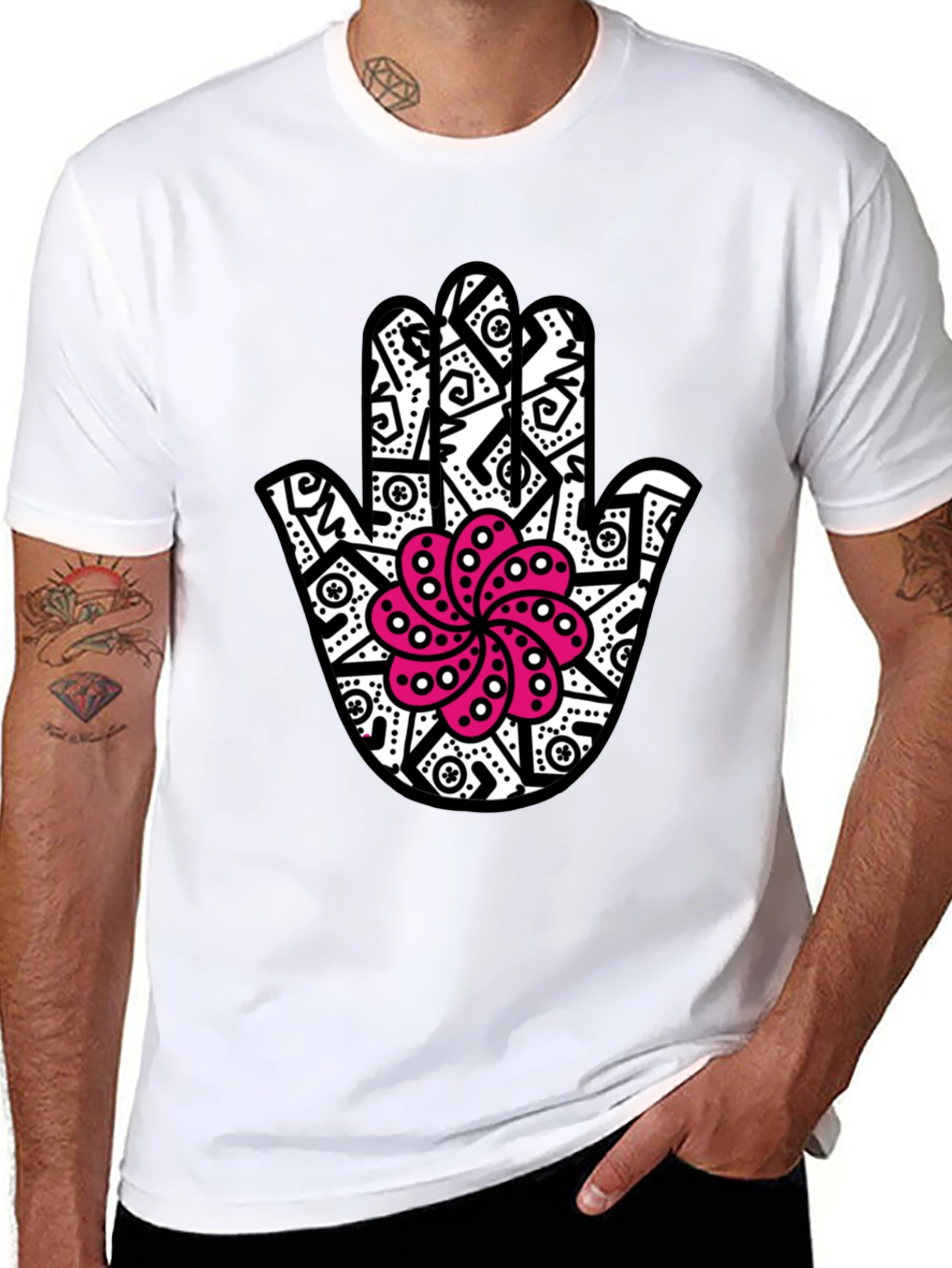 Black Hamsa Hand T-Shirt with Pink Lotus Design