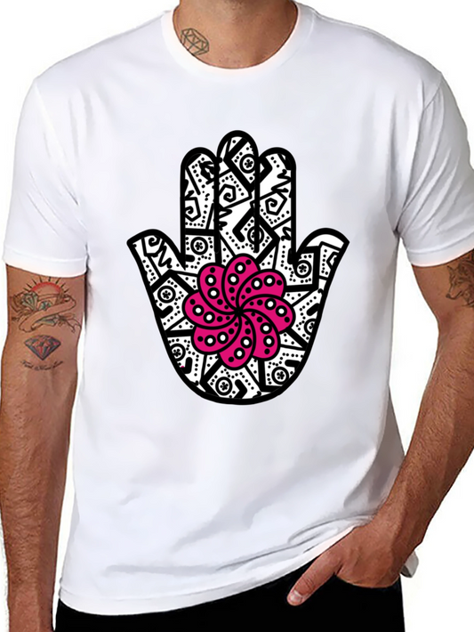 Black Hamsa Hand T-Shirt with Pink Lotus Design