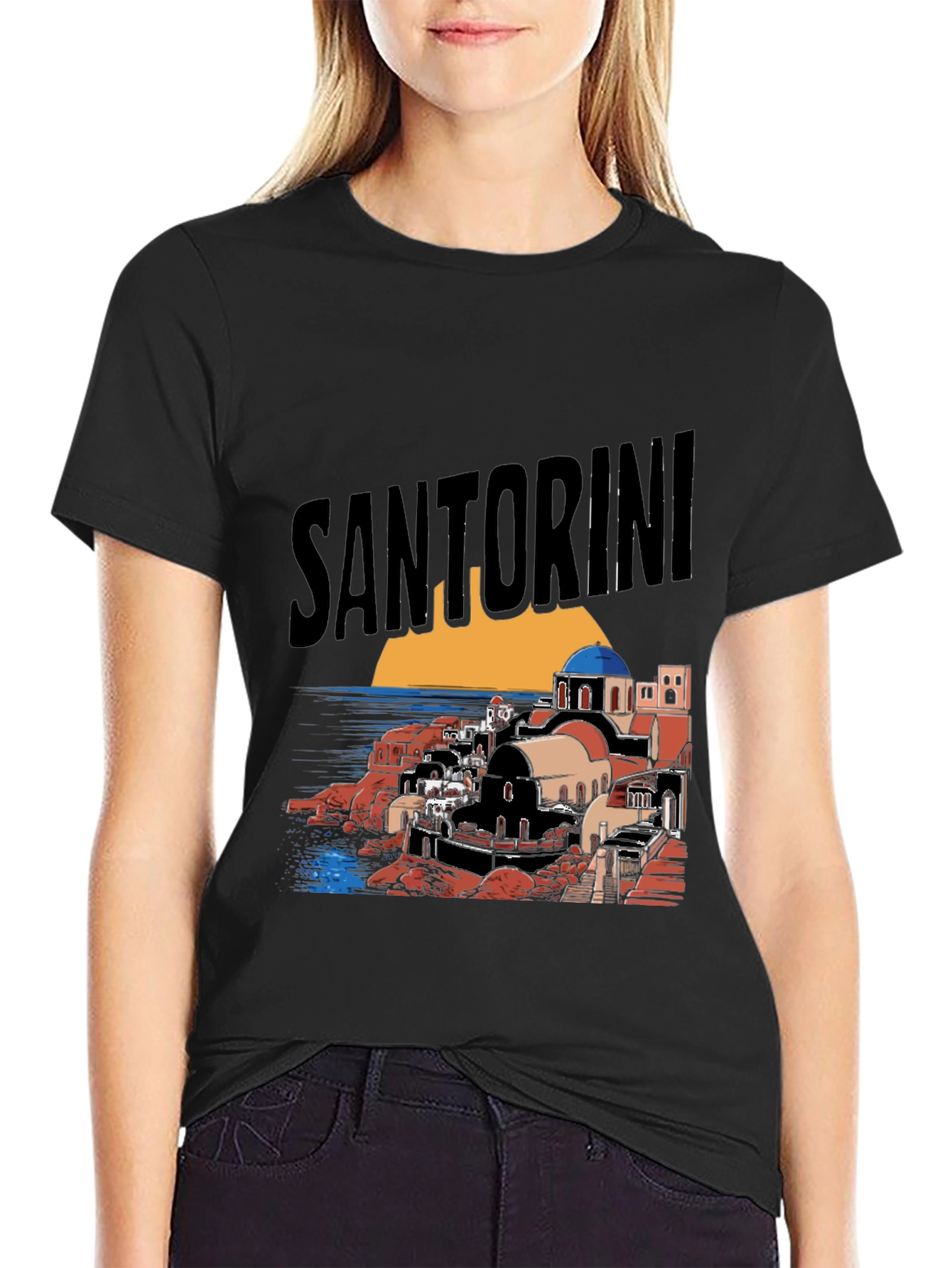 Santorini Graphic Tee - Black Cotton T-Shirt