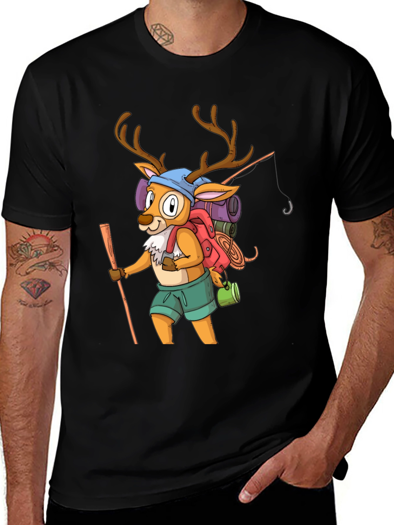 Hiking Deer Graphic Tee - Black Cotton T-Shirt