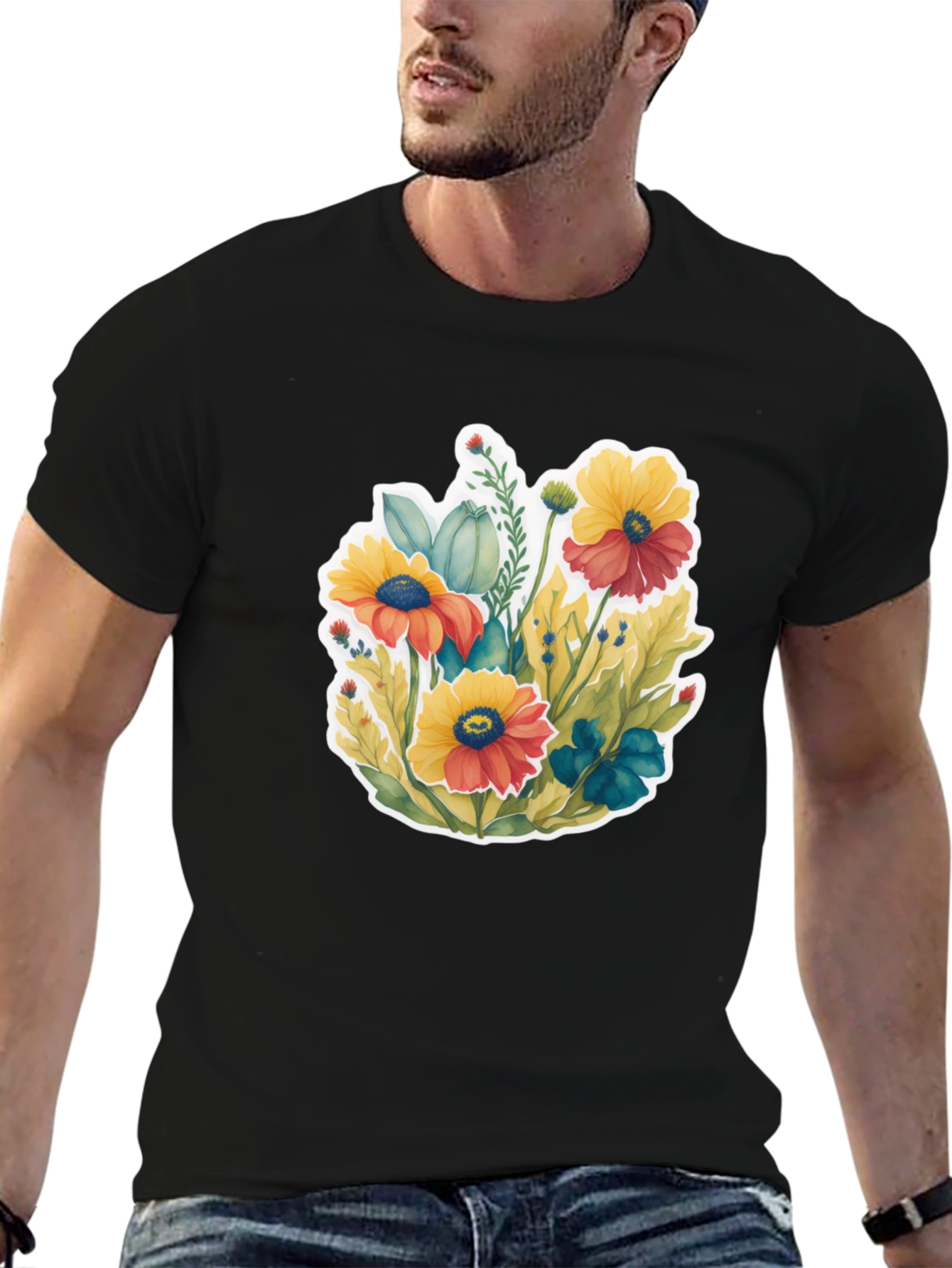 Floral Graphic Tee - Black Cotton Blend T-Shirt