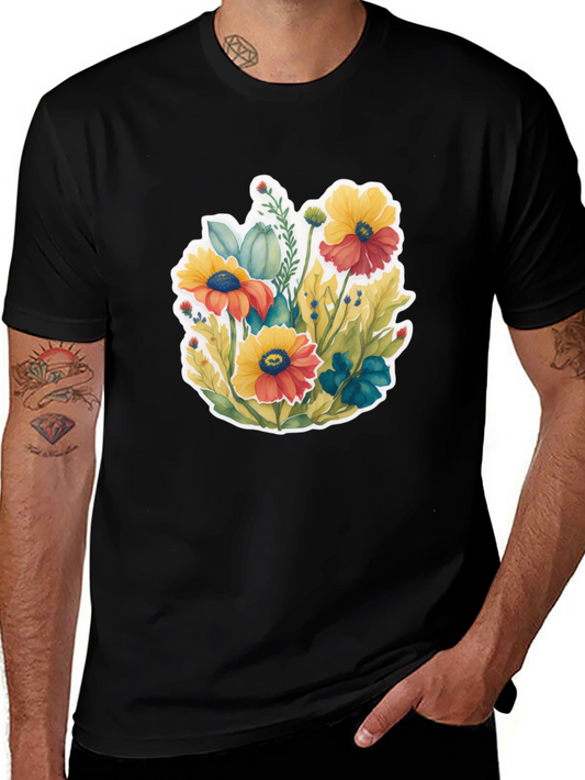 Floral Graphic Tee - Black Cotton Blend T-Shirt