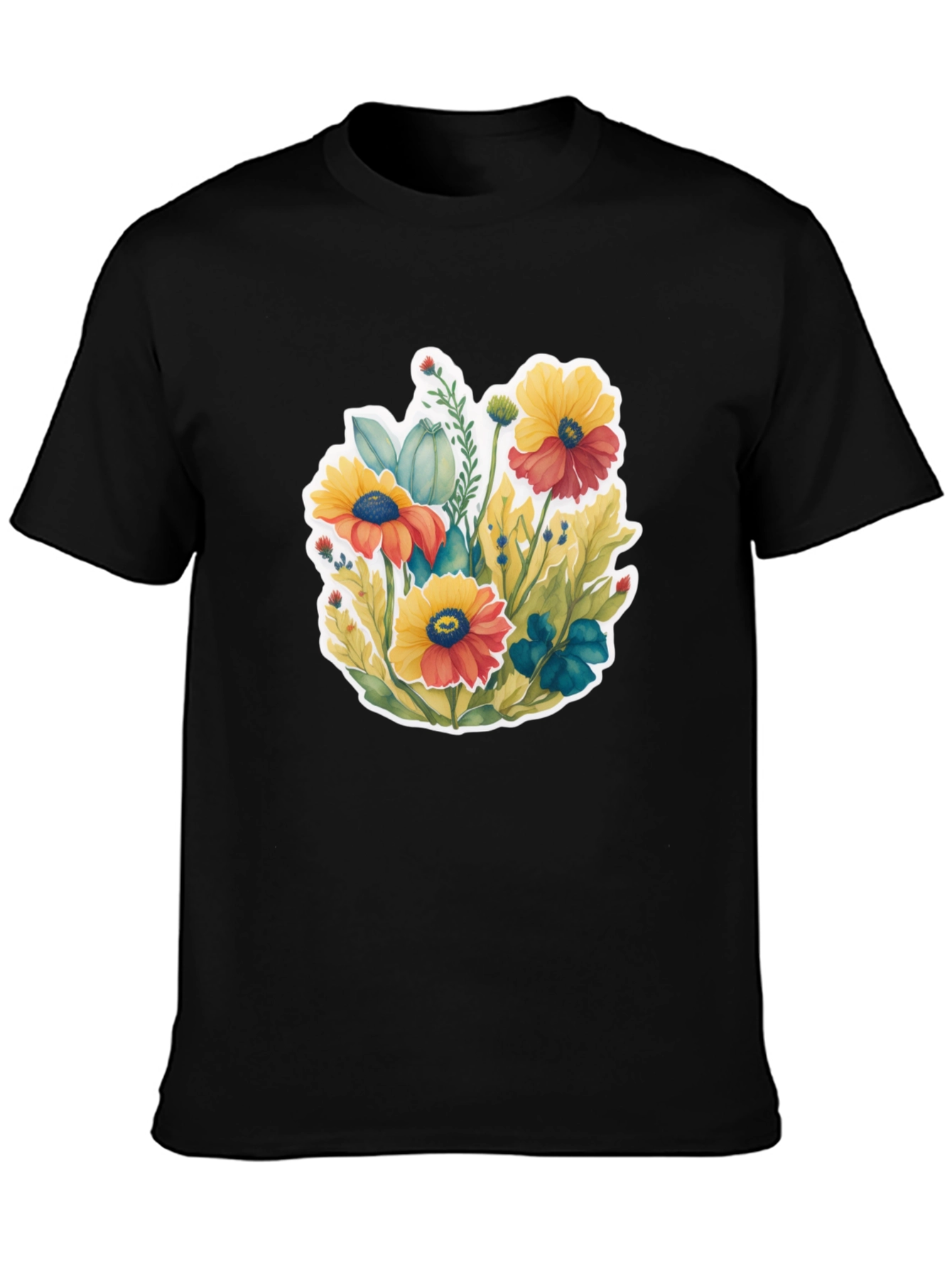 Floral Graphic Tee - Black Cotton Blend T-Shirt