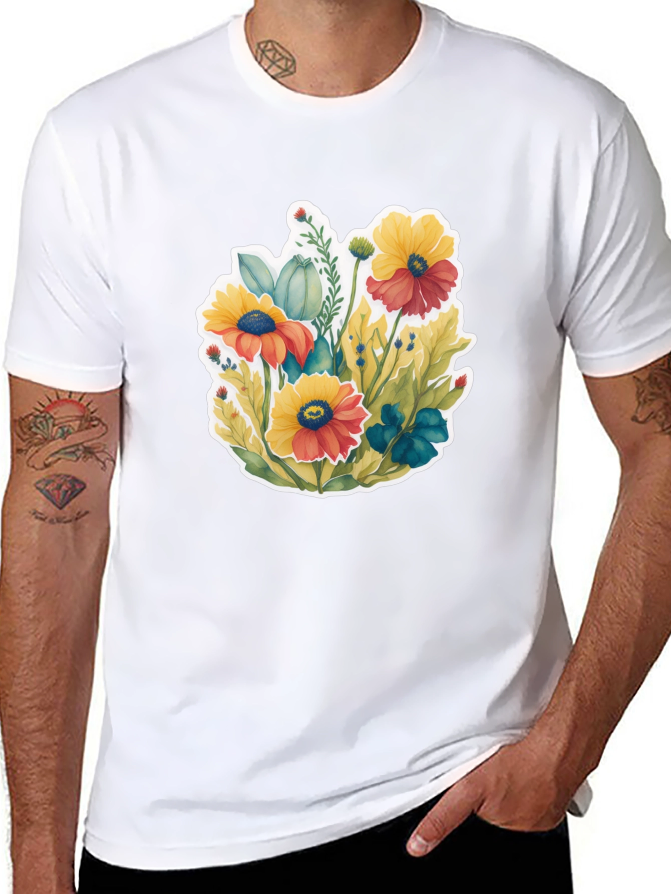 Floral Graphic Tee - Black Cotton Blend T-Shirt