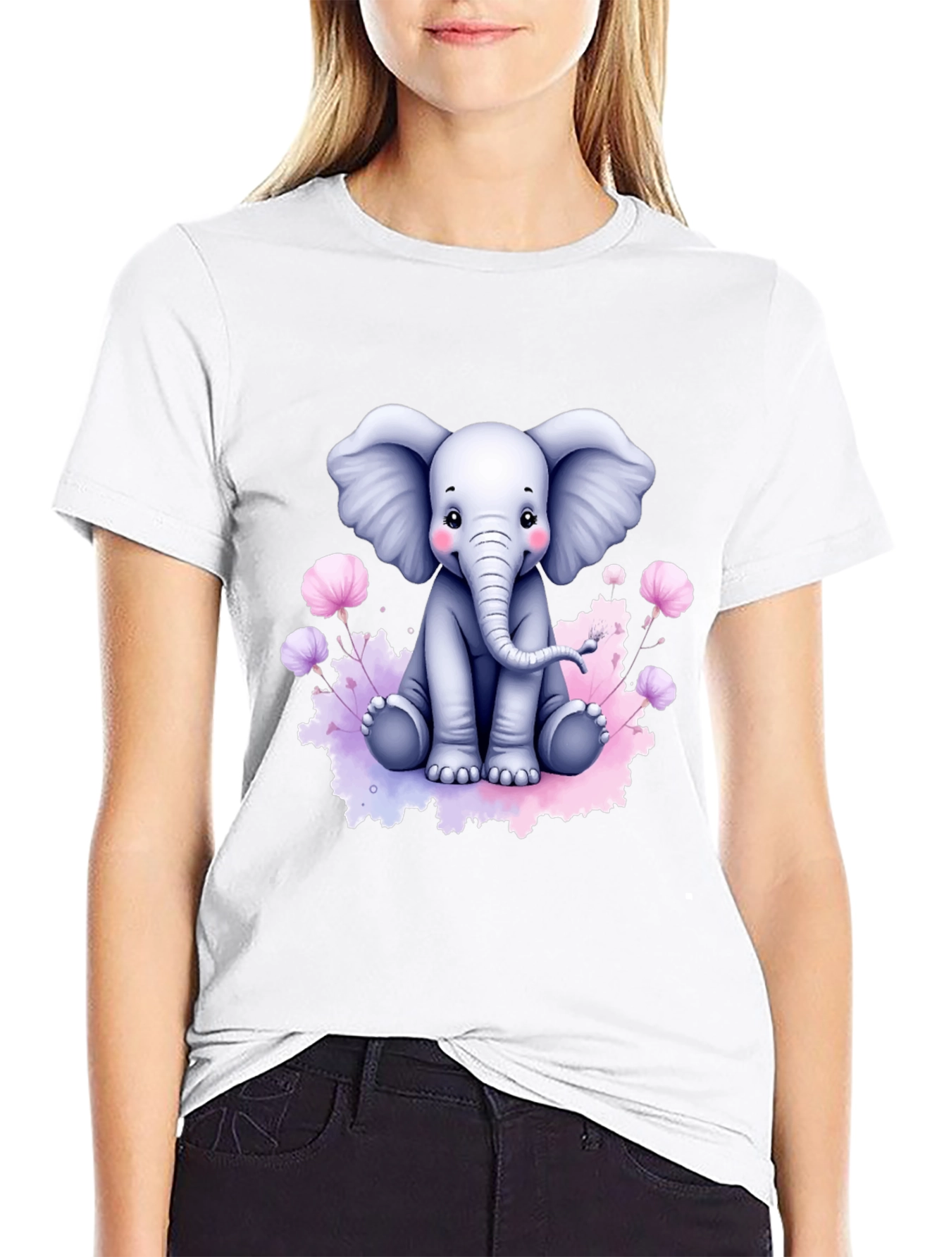 Cute Elephant Graphic Tee - Black Cotton T-Shirt